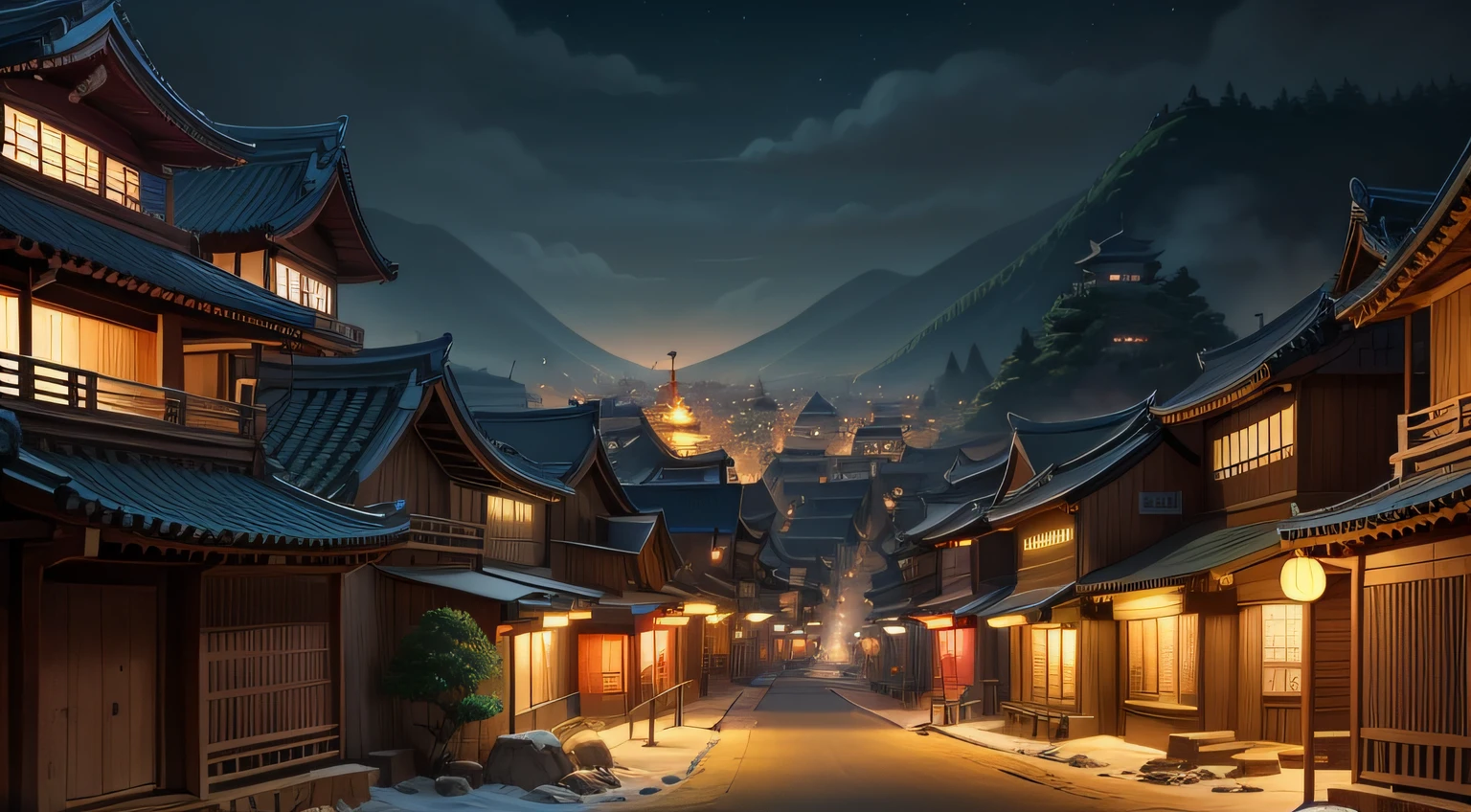 A 2d cartoonist city of ancient Korea at night with no roads