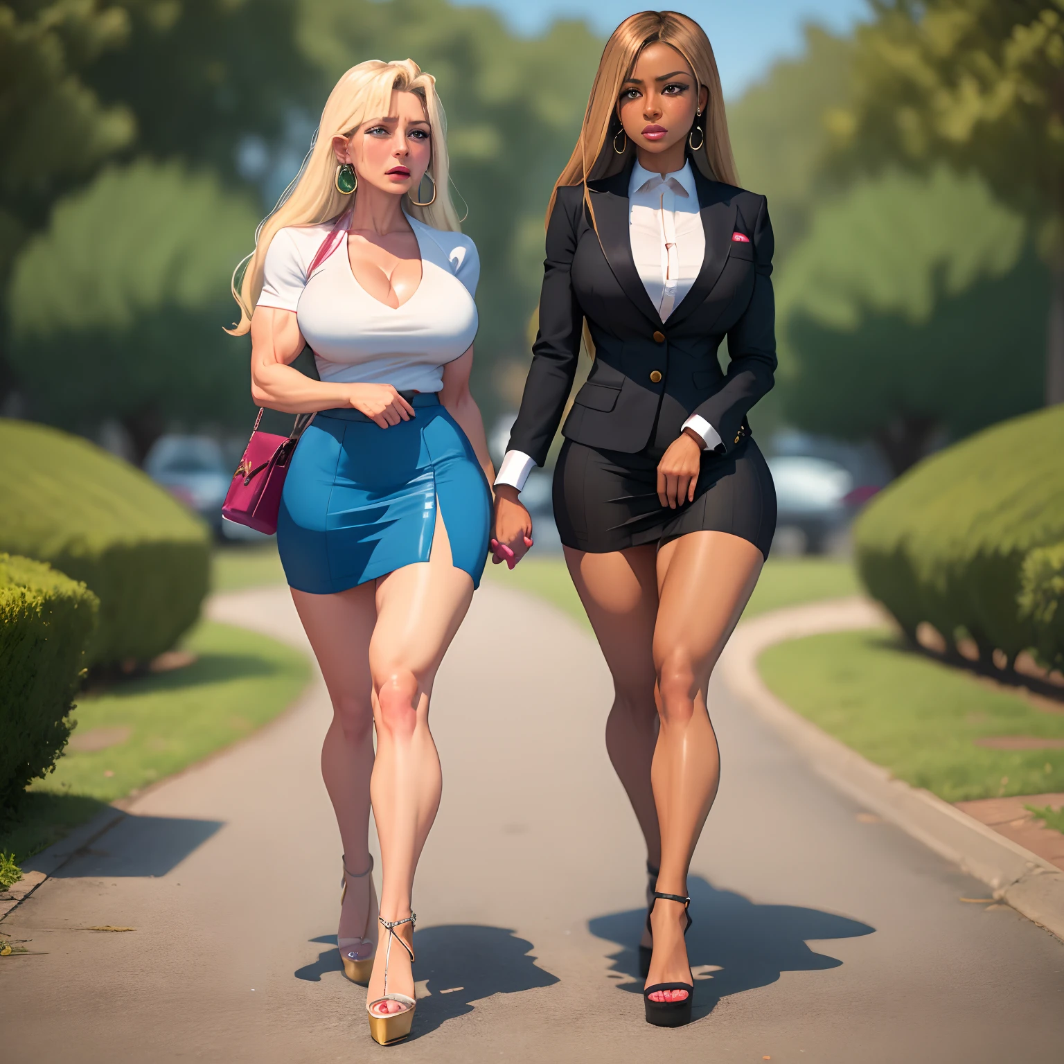 tanned Brazilian woman, dark-skinned girl, Two girlfriends, muscular legs, muscular calves, Strong legs, muscular hips, wide thighs, Curvy hips, high-heeled sandals, tights in a net, Stiletto heels, Women's business suit with a short skirt, large ring earrings, He really wants to pee, one comforting the other, caress each other, walking at the park, Leg by foot, wants to pee, desperately wants to pee, wants to urinate, An expression of shame on his face, confusion, crying, Palm on stomach, crumples the hem of the skirt with his hands, Knees clenched, Hips clenched, Tense posture, bites his lower lip, full bladder, terribly wants to go to the toilet, anatomically correct, Realistic,