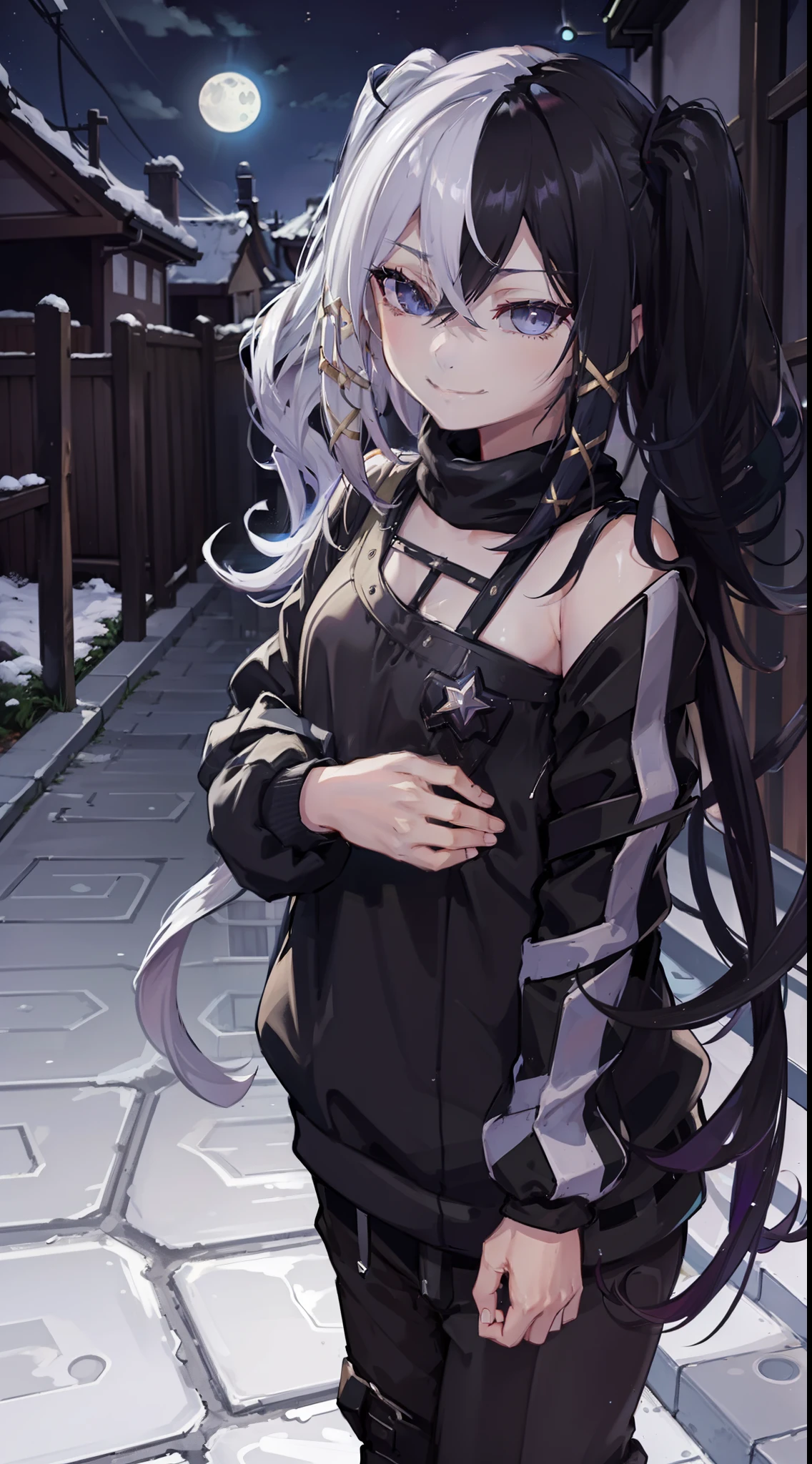 night time, neighbourhood, outside, dark sky, stars, moon, black sweater, sweatpants, going to convenience store, naughty smile, domineering smile, arrogant expression, cocky attitude, masterpiece, best quality, twin tails