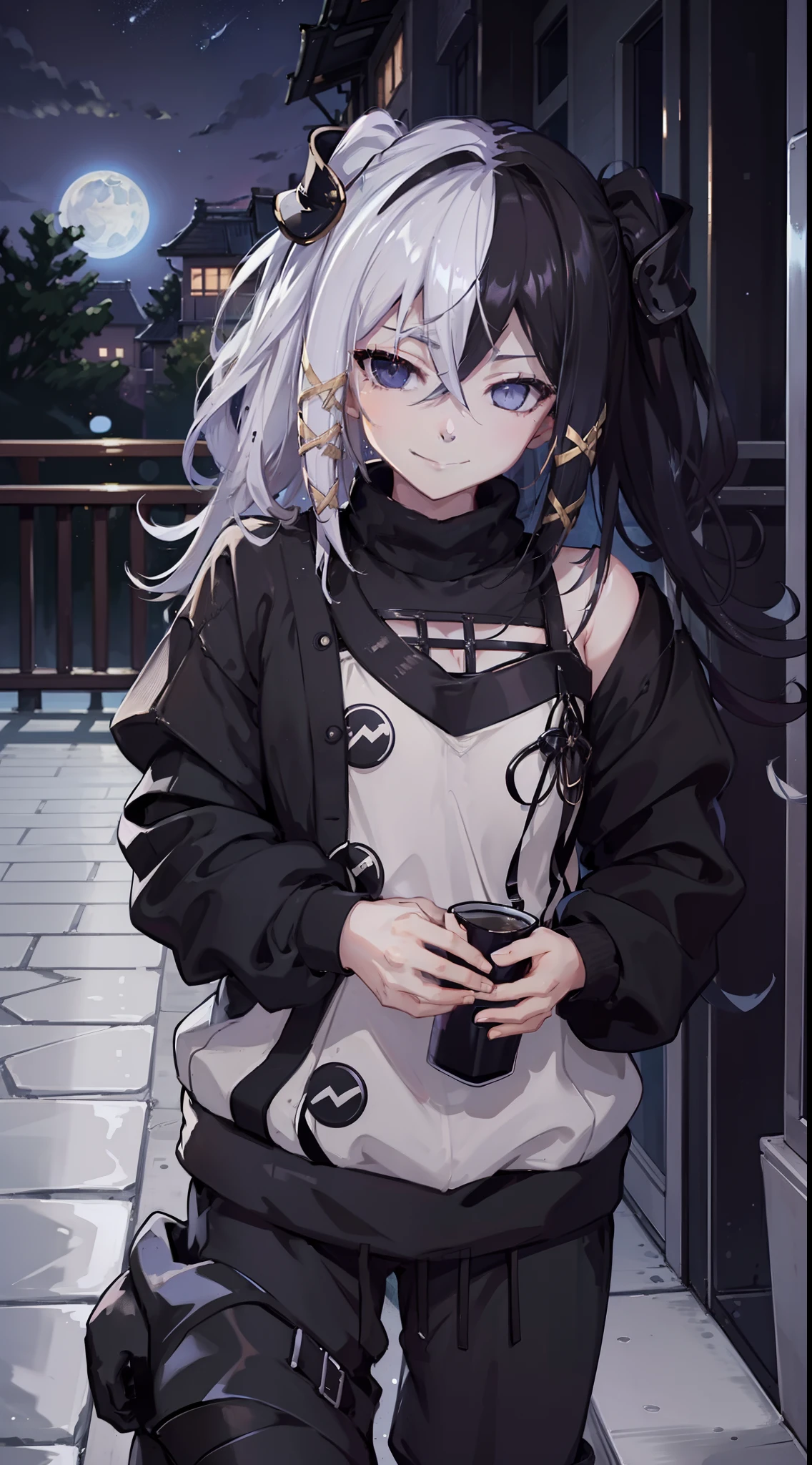 night time, neighbourhood, outside, dark sky, stars, moon, black sweater, sweatpants, going to convenience store, naughty smile, domineering smile, arrogant expression, cocky attitude, masterpiece, best quality, twin tails