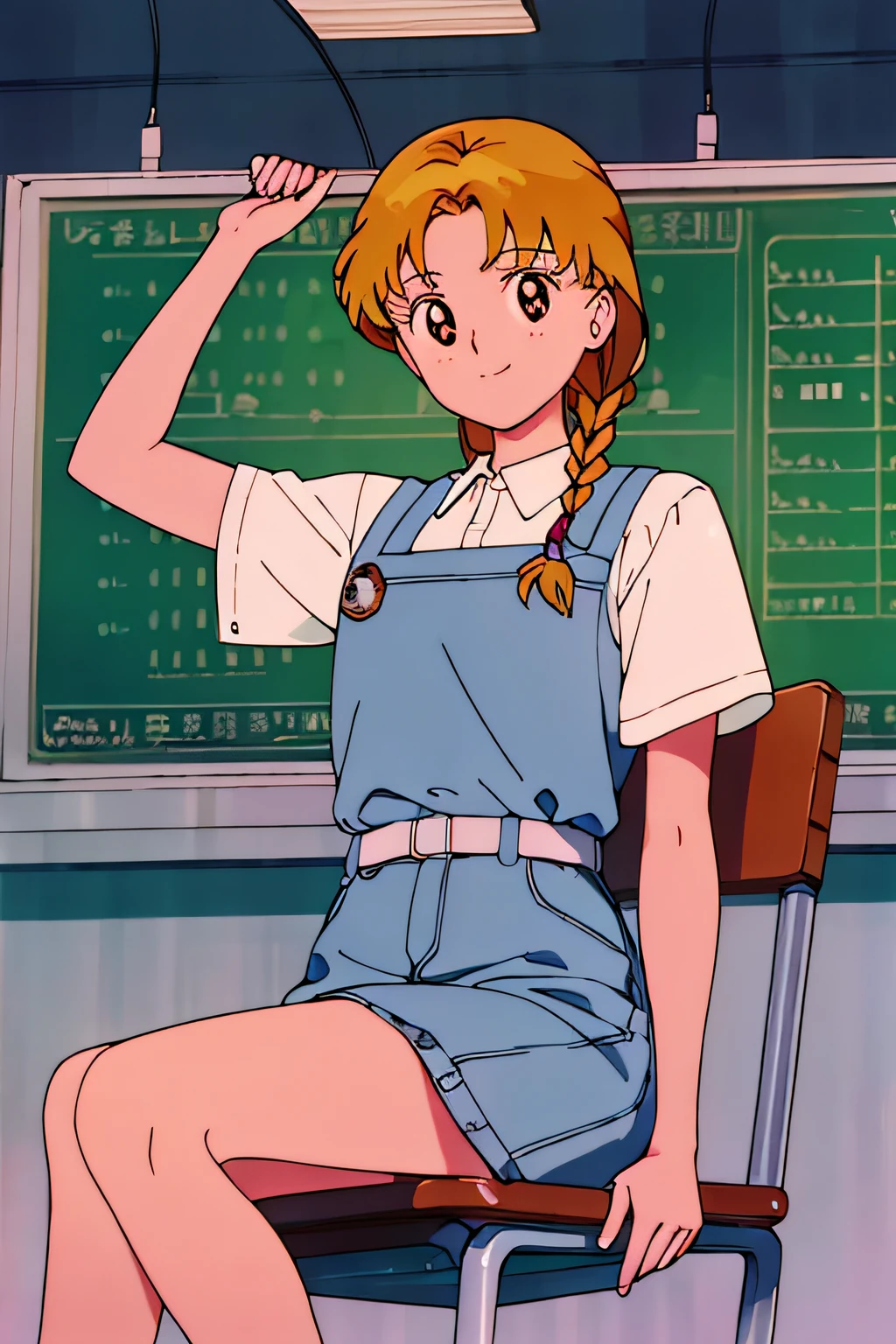 best quality, masterpiece, 1girl, light smile, brown eyes, looking at viewer, long blonde braided hair, inside laboratory, cowboy shot, sitting on a chair at a work bench, on the work bench there are chemistry tubes filled with liquid, there is a sign in the background that reads "Biochemistry lab"
