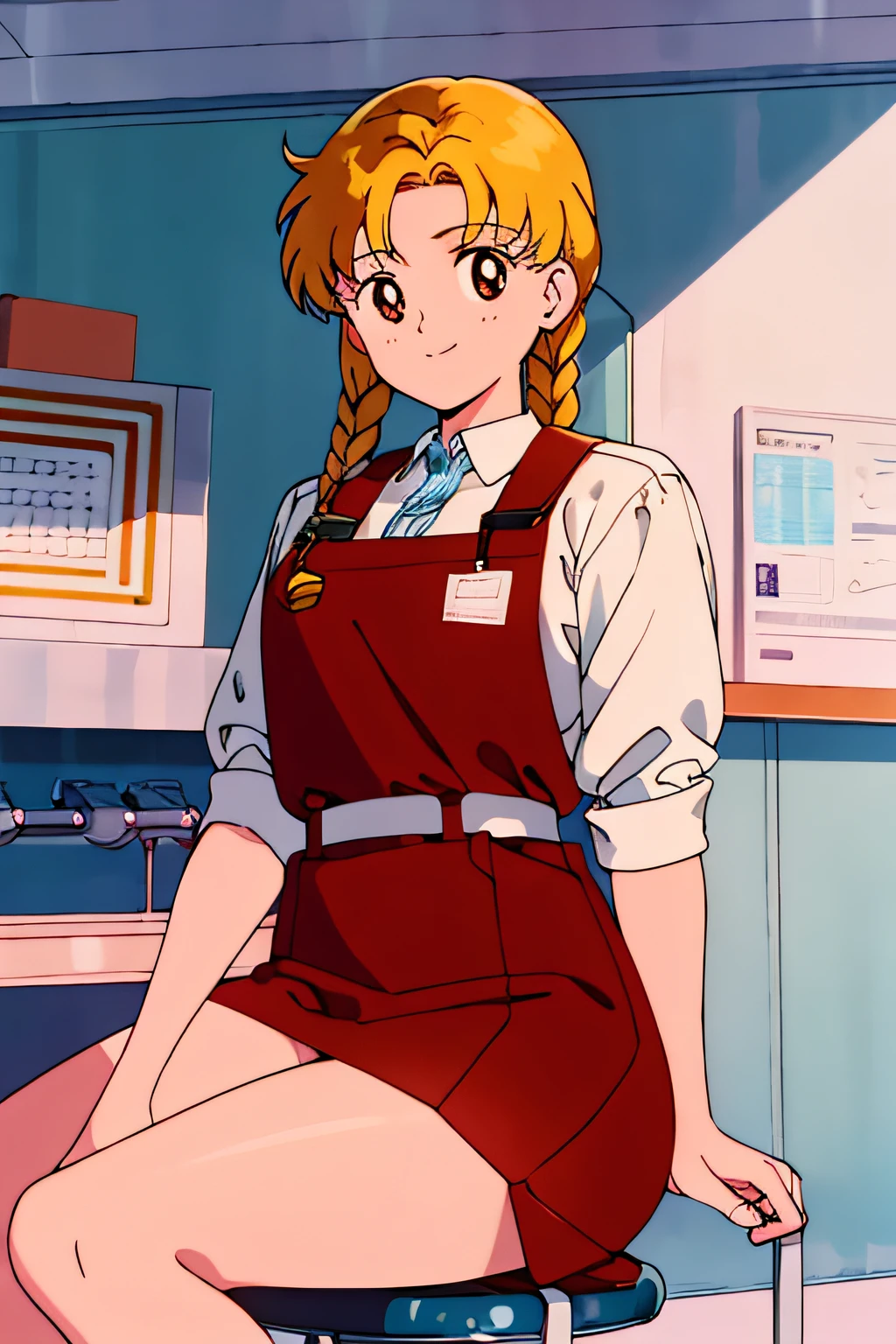 best quality, masterpiece, 1girl, light smile, brown eyes, looking at viewer, long blonde braided hair, inside laboratory, cowboy shot, sitting on a chair at a work bench, there is a sign in the background that reads "Biochemistry lab"