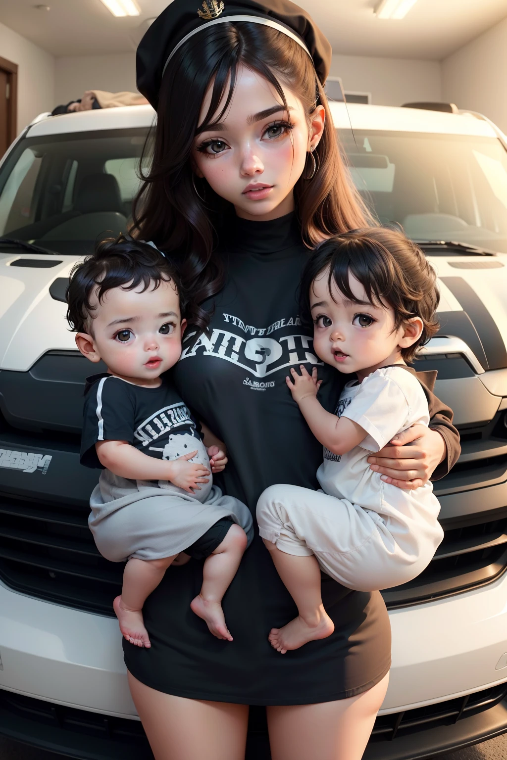 master part, melhor qualidade,ao ar livre,garota jovem, de vestido, cabelos preto solto, without cap, franja nos olhos,2baby boys,,Ambulatorial, de vestido,cabelo preto solto, olhos marrons, without a hat, empurrando carrinho,2Baby boys em Stoller, baby brown hair,(2babys:1.2)