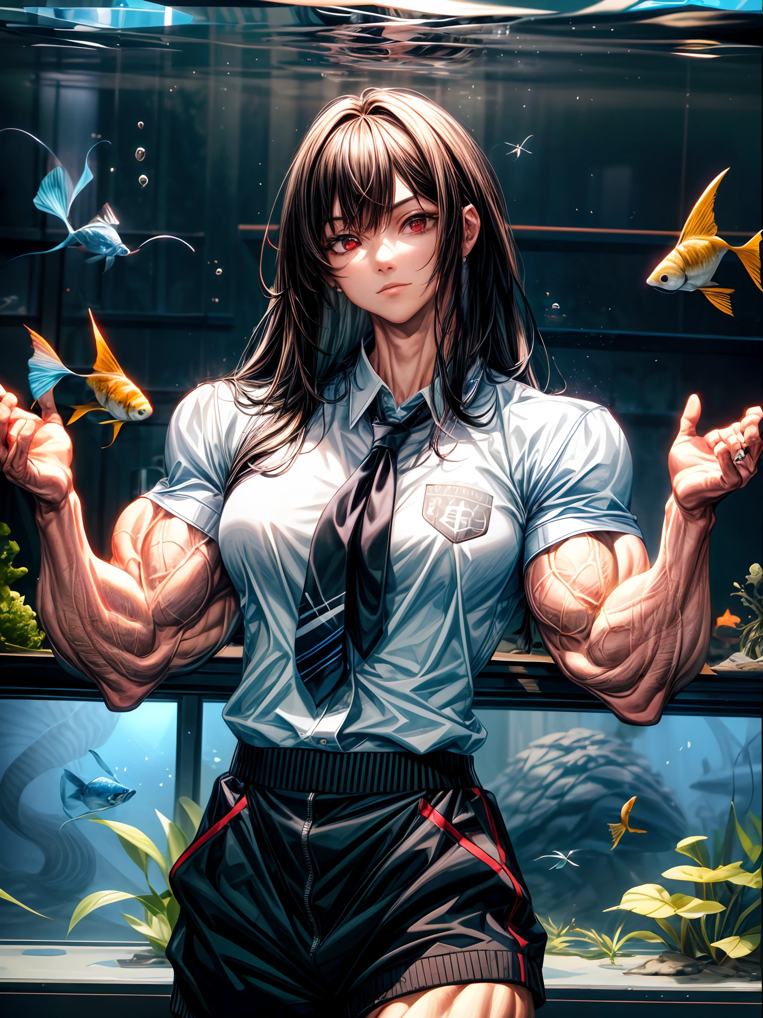 (best lighting) , (super-complex details) , 4K unified, (super-detailed CG: 1.2) , (8K: 1.2),(original), (masterpiece) , (best quality),(Masterpiece:1.4),Anime-ish high quality,(masterpiece),masterpiece, best quality, absurdres,((Masterpeace, 4k, 8k, highres)),(masterpiece), (best quality), (ultra-detailed), (an extremely delicate and beautiful), ((cowboy shot)), 1 woman, Yoru, beautiful face, detailed face, red eyes, scar on the cheek, long hair, black hair, school uniform, white shirt, black tie, dynamic pose, looking at viewer, on a aquarium, fish tank behind her, algae, marine life, blurred bottom, female focus, depth of field, full HD, high definition, high resolution
, ((body builder:1.5)),temple background,(beautiful bace),(girl),(female),(((upper body:1))),from front