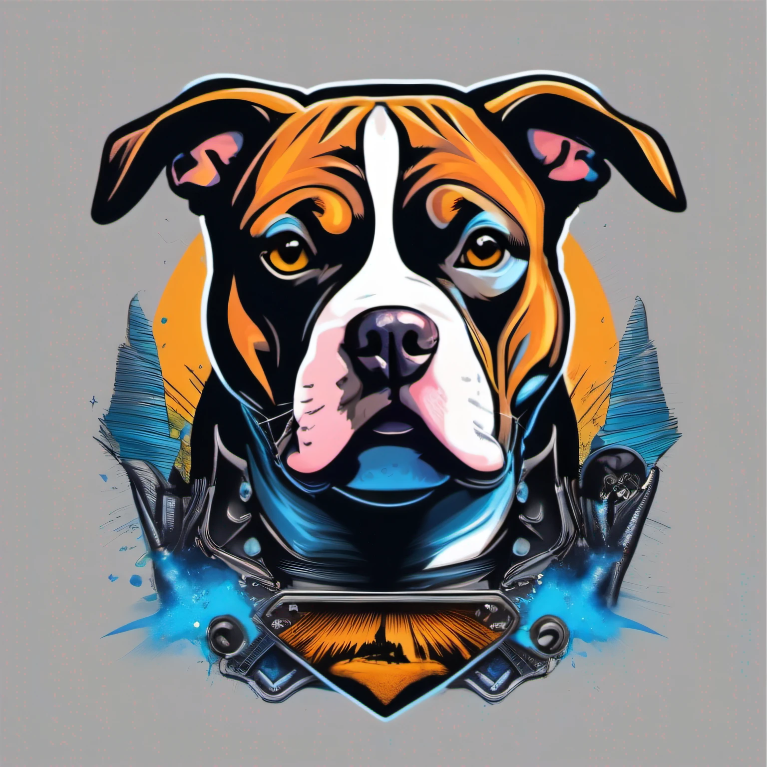 animal cachorro pitbull rock, usando roupa de rock anos 80, t-shirt design, 2d, imagem centralizada, fundo gradiente preto e azul, vetorizado, arte logo vetorial para estampa de camiseta, cores vividas splas