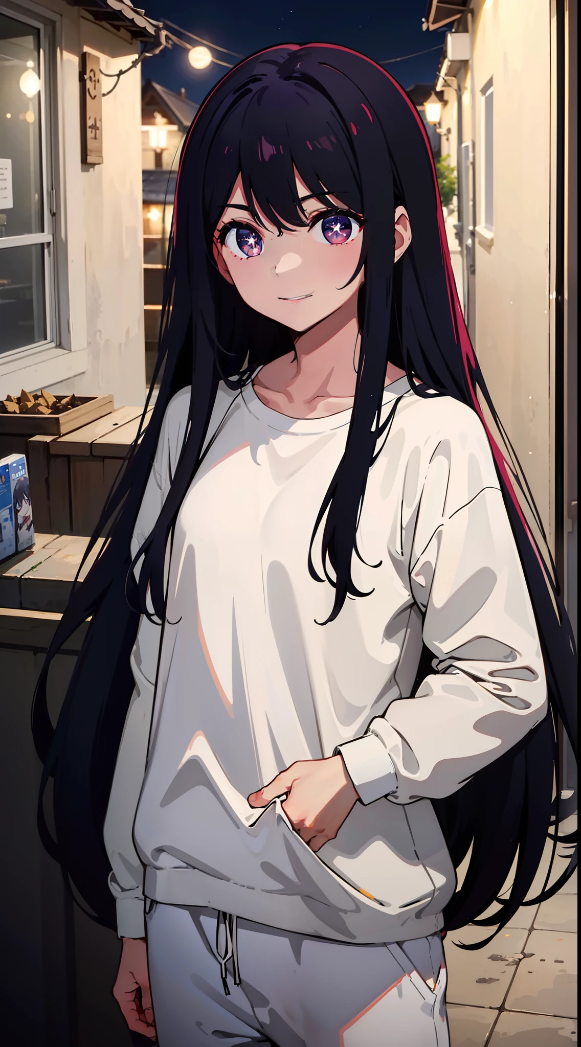 long hair, night time, neighbourhood, outside, dark sky, stars, moon, white t-shirt, sweatpants, going to convenience store, happy expression, smile, masterpiece, best quality, star-shaped pupils