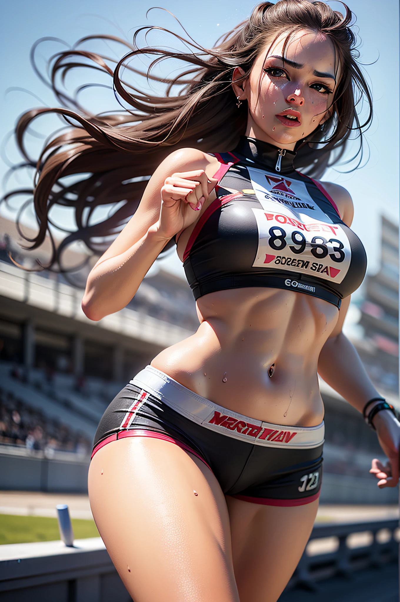 (masterpiece, superior quality),1girl ,{{Depth of field}}, Hyper detail, (Intricate Details, Makeup), (Delicate and beautiful delicate face, delicate and beautiful delicate eyes, face with perfect proportions),
wearing Streetwear, micro shorts, Detailed skin, delicate skin, Best proportions Four fingers and a thumb, strong realistic blue eyes, long hair, silky hair, windblown hair, extremely sweaty body, a sporty runner, full breasts, thin waist, thick and well-defined thighs, (((running on a racetrack))), details in sweat, details of facial expression, detail of the force used, image recorded in slow motion with high definition, skin texture, hair sweaty, ((high quality)), ((masterpiece)), ((realistic)), (detailed), cinematic lighting, complex, high detail, sharp focus,