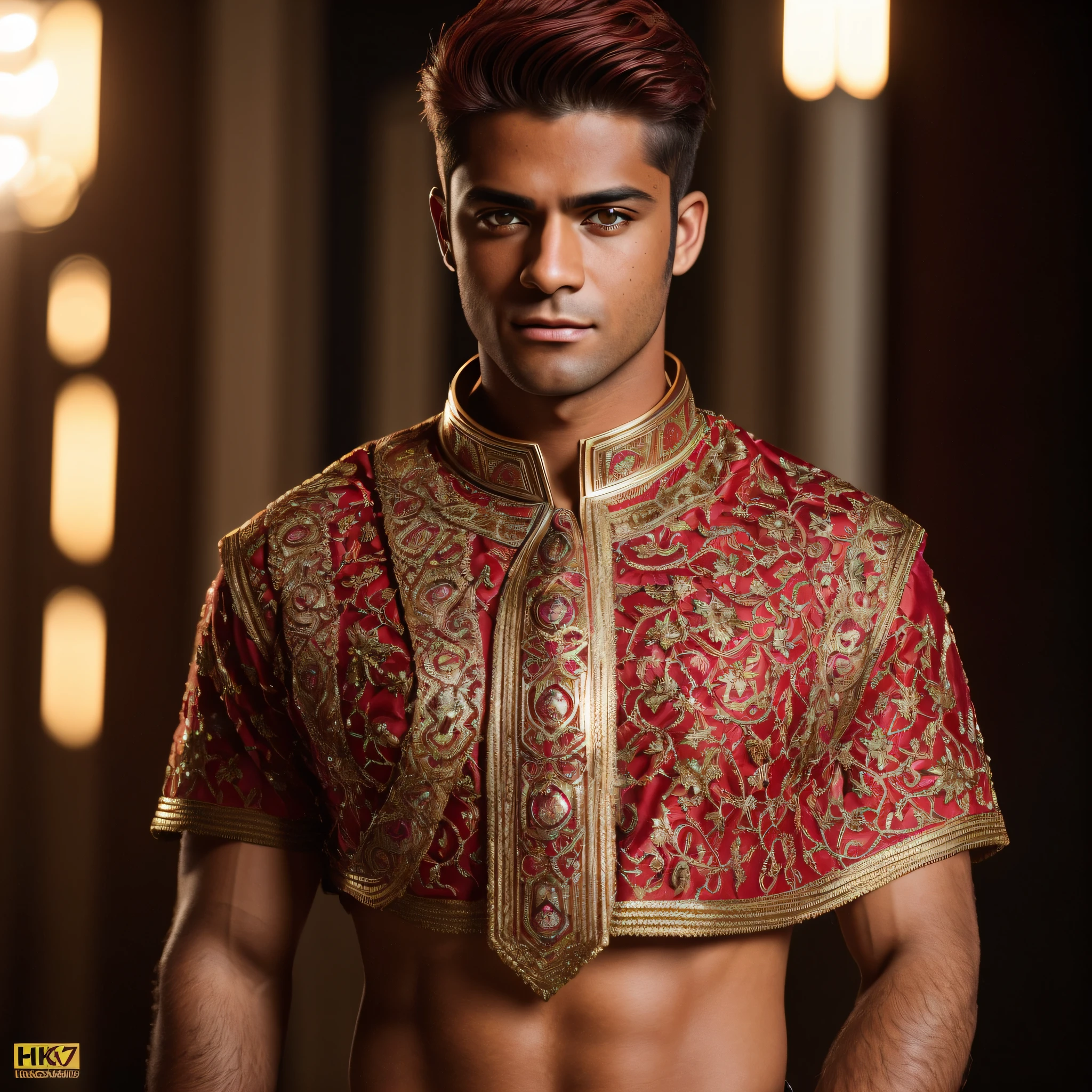 ( 1 male male model, his eyes are violet purple, attractive face, well-defined full body, tanned skin In 4k, standing, light, cinematic lighting. photography, detailed symmetrical realistic face, black and red and gold roman costume with jewelry extremely detailed ruby, peach skin, auburn red hair, masterpiece, absurdities, Nikon D850 Stock Photography, kodak portra 400 f1.6 lens camera, extremely detailed, amazing orgy, fine details, hyper realistic texture, dramatic lighting, high quality, full resolution, sharp focus, extremely detailed, cinematic lighting, 8k UHD.