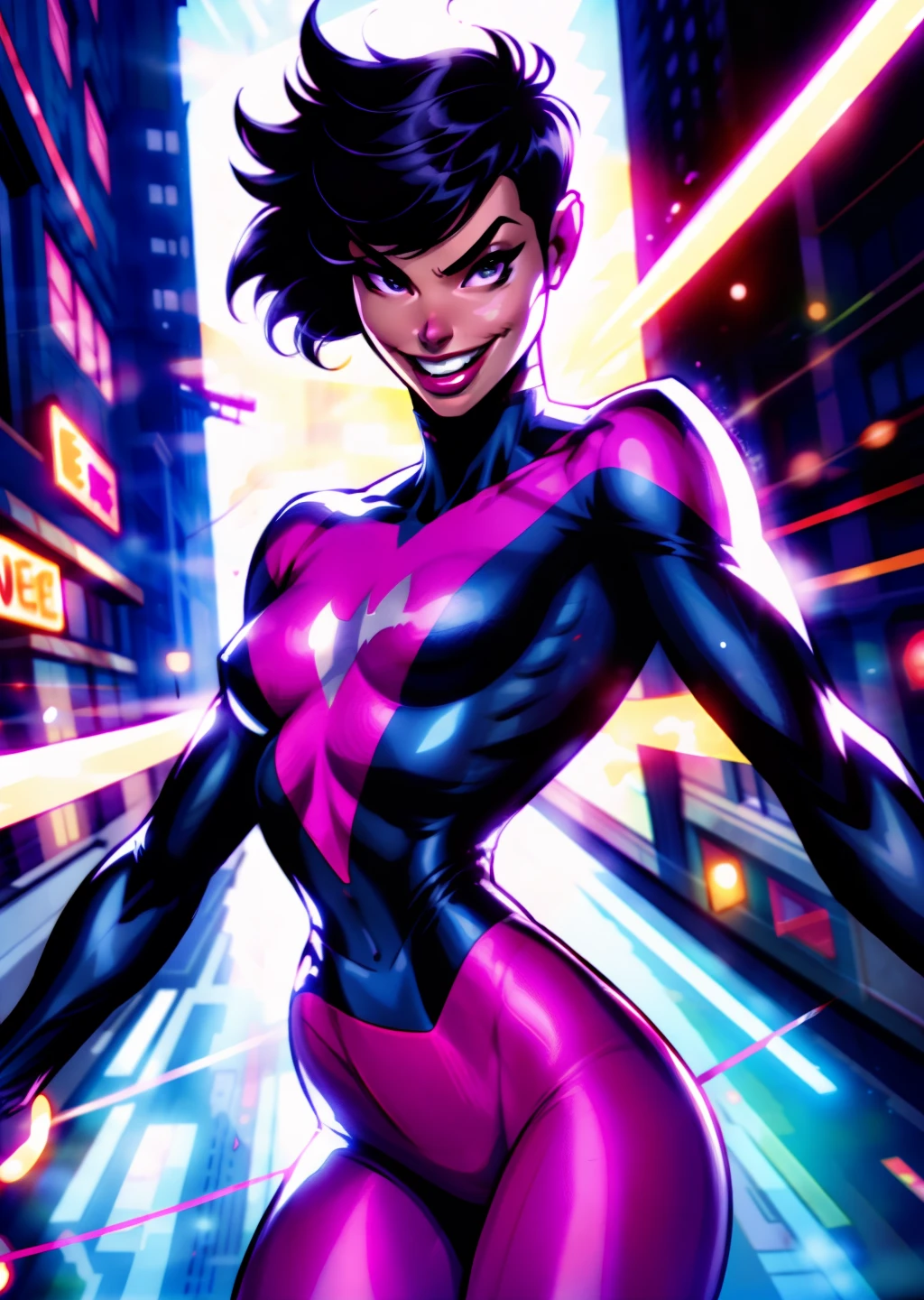 (inked original-art:1.2), (lineart:1.33), Firing lasers from the hand of superhero girl, detailed face, best quality, masterwork, thick outlines, comic, 1girl, superhero, very short hair, black hair, pale skin, cowboy shot, fog, city, pink bodysuit, brands, brand clothes, tomboy, pixie cut, solo, petite, small breasts, superhero, round face, grin, cocky