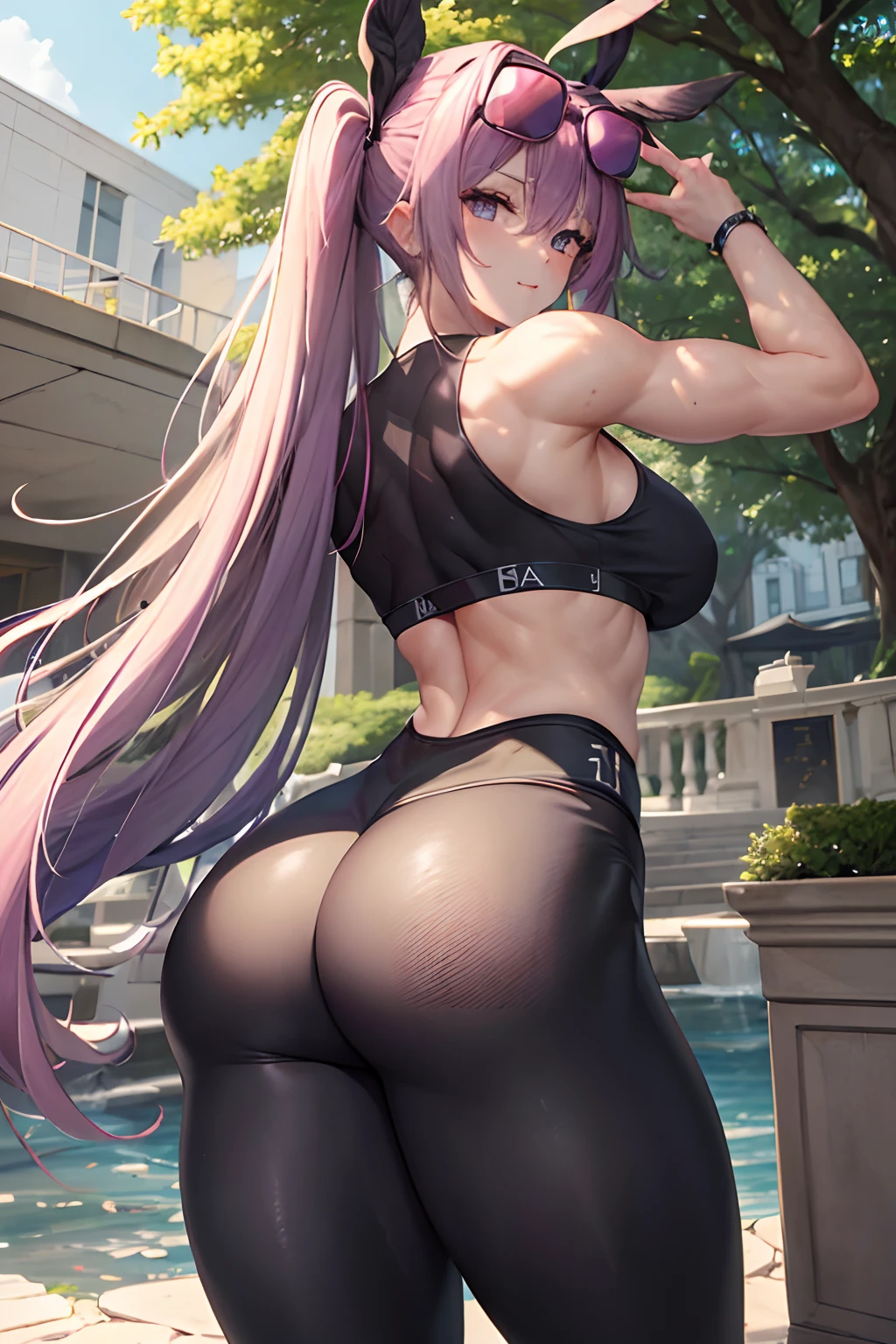 (masterpiece, best quality), high quality, absurdres, highres, ultra detailed, intricate, beautiful woman, 1girl, kafka \(honkai: star rail\), star-kafka, looking at viewer, from behind, looking back, ass, toned, sports bra, leggings, high-waist pants, yoga pants, purple hair, pink eyes, sunglasses, hair between eyes, eyewear on head, outdoors, science fiction, city,