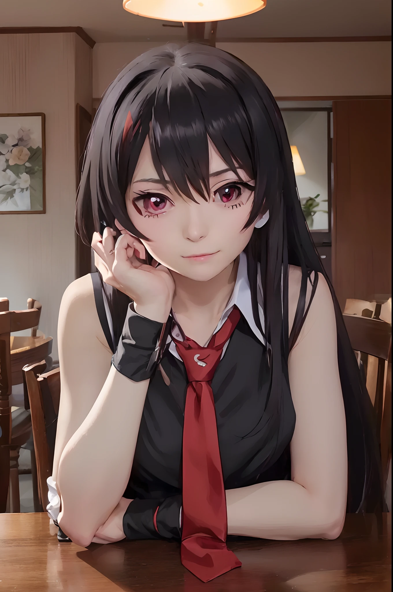 (masterpiece, best quality:1.2), upper body, solo, 1girl, akame \(akame ga kill!\), expressionless, closed mouth, looking at viewer, head rest, black collared shirt, red necktie, sleeveless, indoors, table, drinking glass