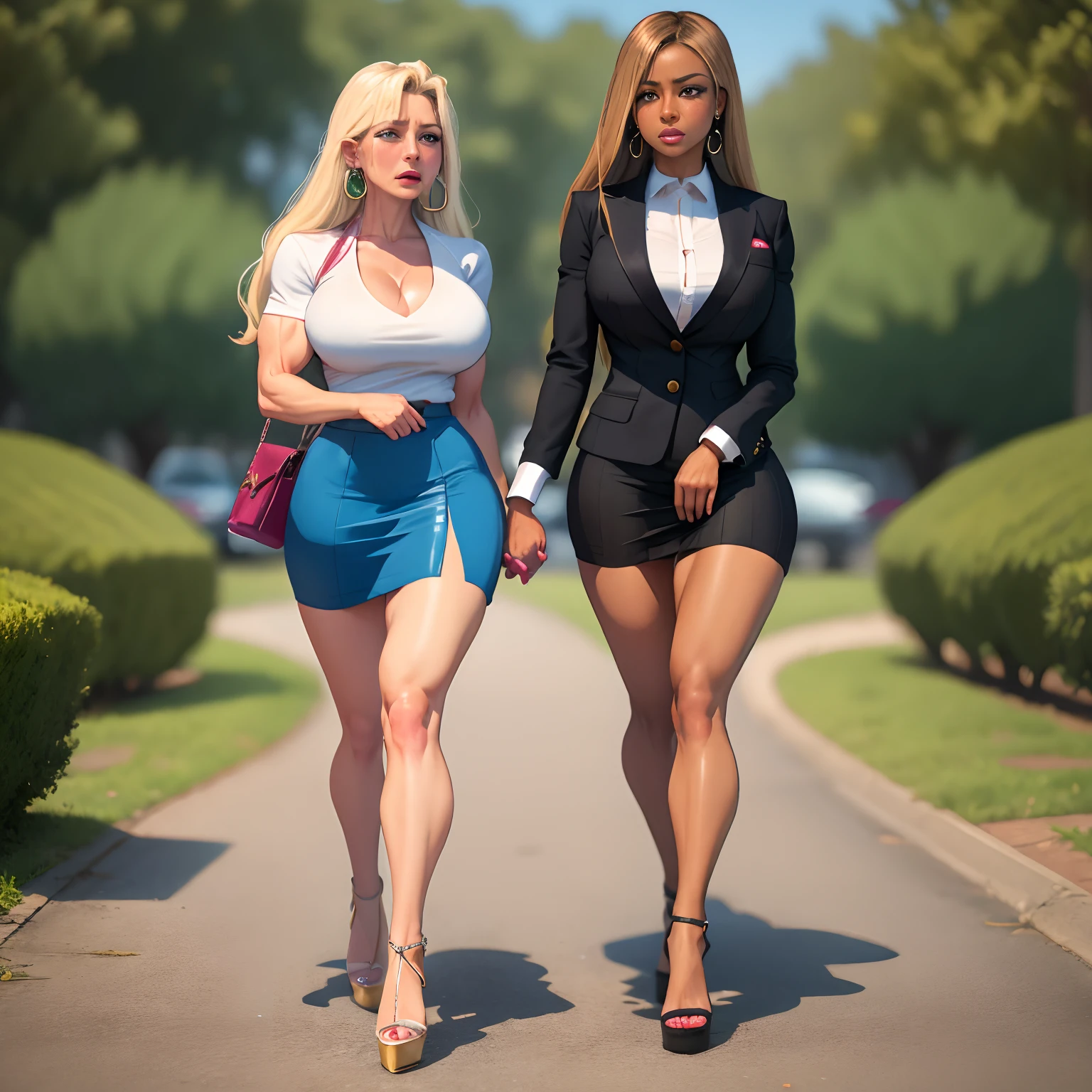 tanned Brazilian woman, dark-skinned girl, Two girlfriends, muscular legs, muscular calves, Strong legs, muscular hips, wide thighs, Curvy hips, high-heeled sandals, tights in a net, Stiletto heels, Women's business suit with a short skirt, large ring earrings, He really wants to pee, one comforting the other, caress each other, walking at the park, Leg by foot, wants to pee, desperately wants to pee, wants to urinate, An expression of shame on his face, confusion, crying, Palm on stomach, crumples the hem of the skirt with his hands, Knees clenched, Hips clenched, Tense posture, bites his lower lip, full bladder, terribly wants to go to the toilet, anatomically correct, Realistic,