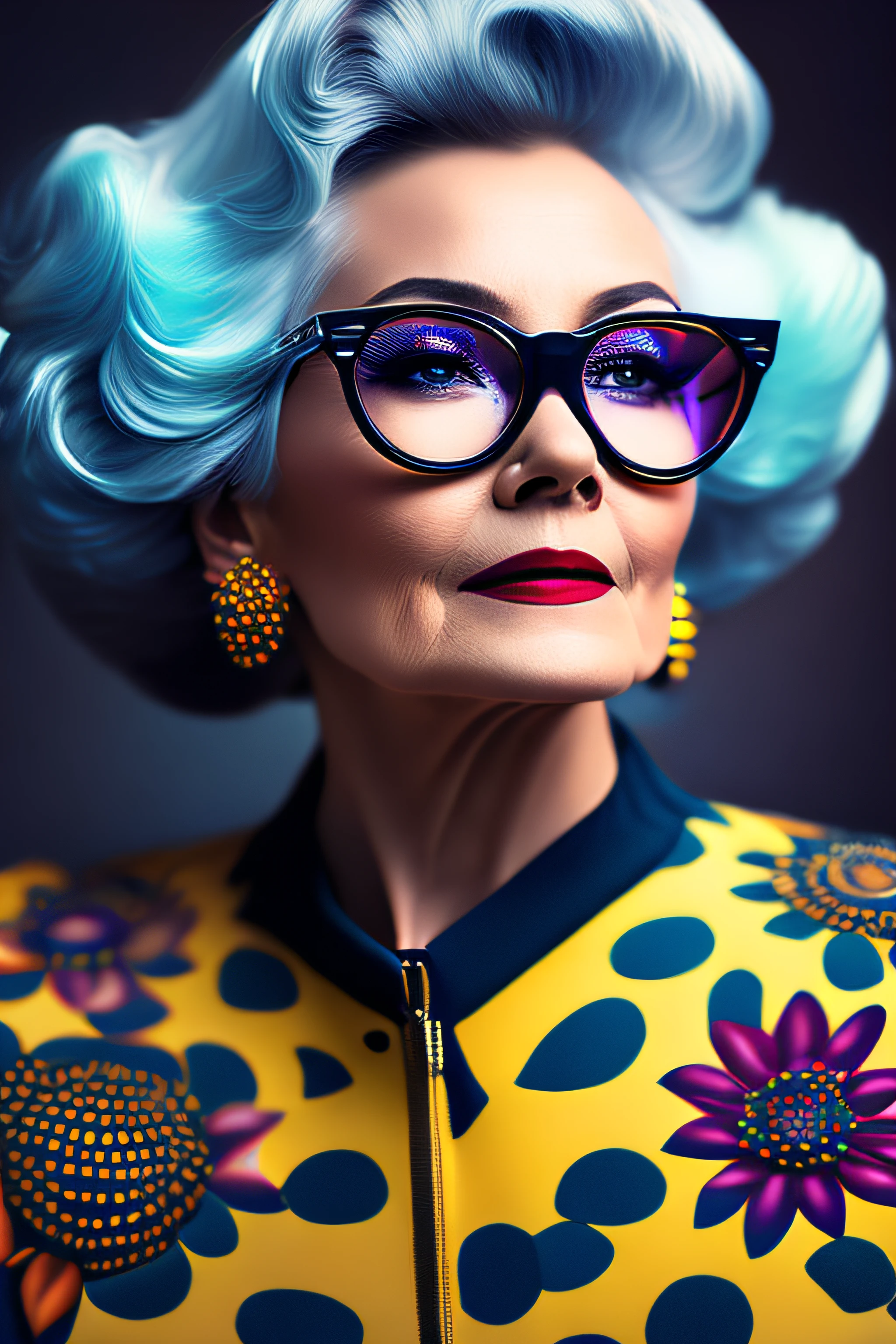 (fashionista portrait WOMAN WITH 70 YEARS, 1950s with intricate colorful modern bright vintage colored glasses), hair with colorful flowers, expression would be, (extremely detailed digital photography: 1.2), standing in the middle of the city, ((((full body)))), raw image,, Hasselblad, 50asa, f8, 12mm, glow effects, godrays, hand drawn, render, 8k, octane render, cinema 4d, blender, dark, atmospheric 4k ultra detailed, sensual cinematic, sharp focus, very serious illustration great depth of field, masterpiece, colors, 3d octane rendering, 4k, concept art, trend in artstation, hyperrealistic, vivid colors, rim light, extremely detailed CG 8k wallpaper unit, trend in ArtStation, trend in CGSociety, Pop Art style by Yayoi Kusama, Intricate, High Detail, dramatic, pure energy, light particles, sci-fi