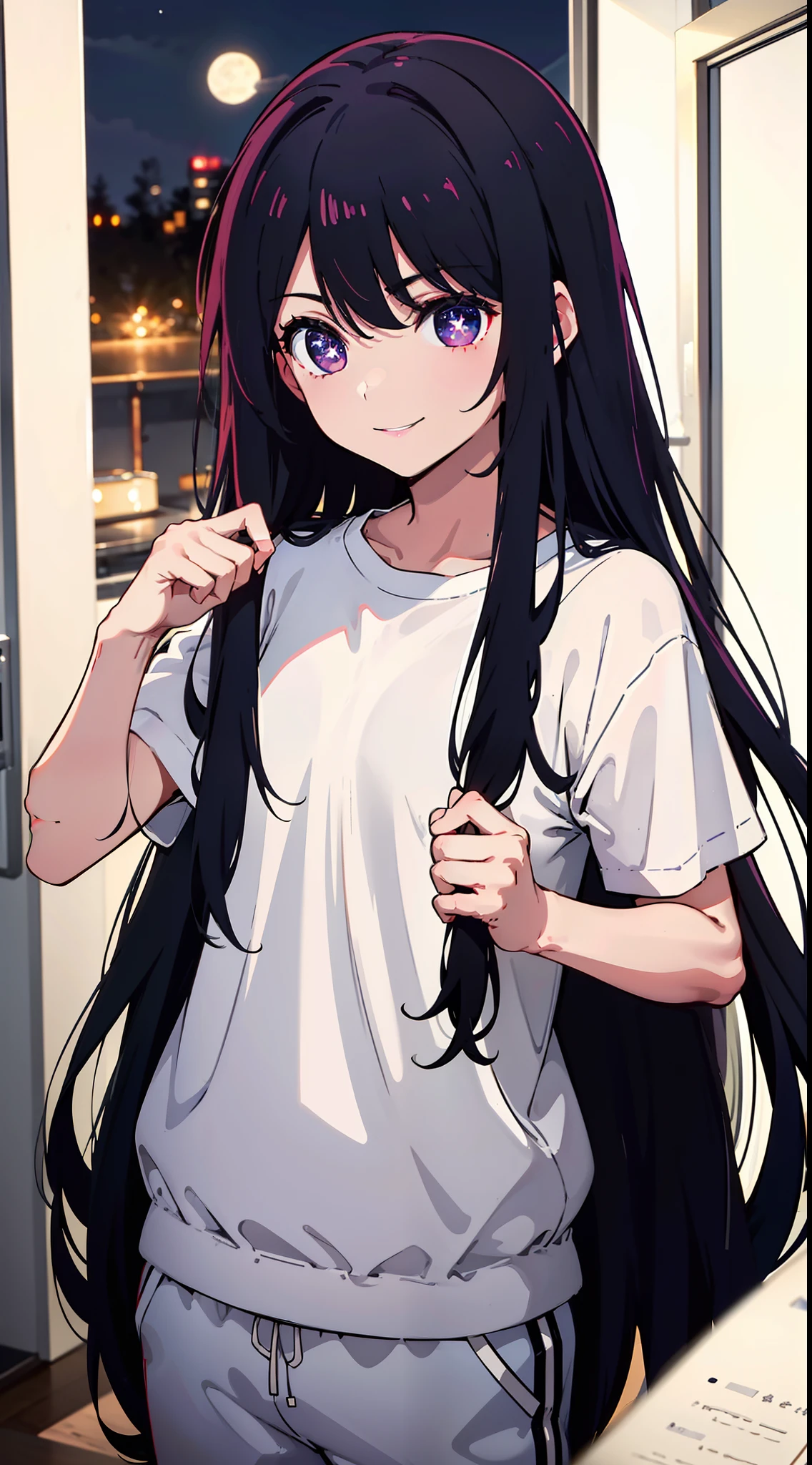 long hair, night time, neighbourhood, outside, dark sky, stars, moon, white t-shirt, black sweatpants, going to convenience store, happy expression, smile, masterpiece, best quality, star-shaped pupils