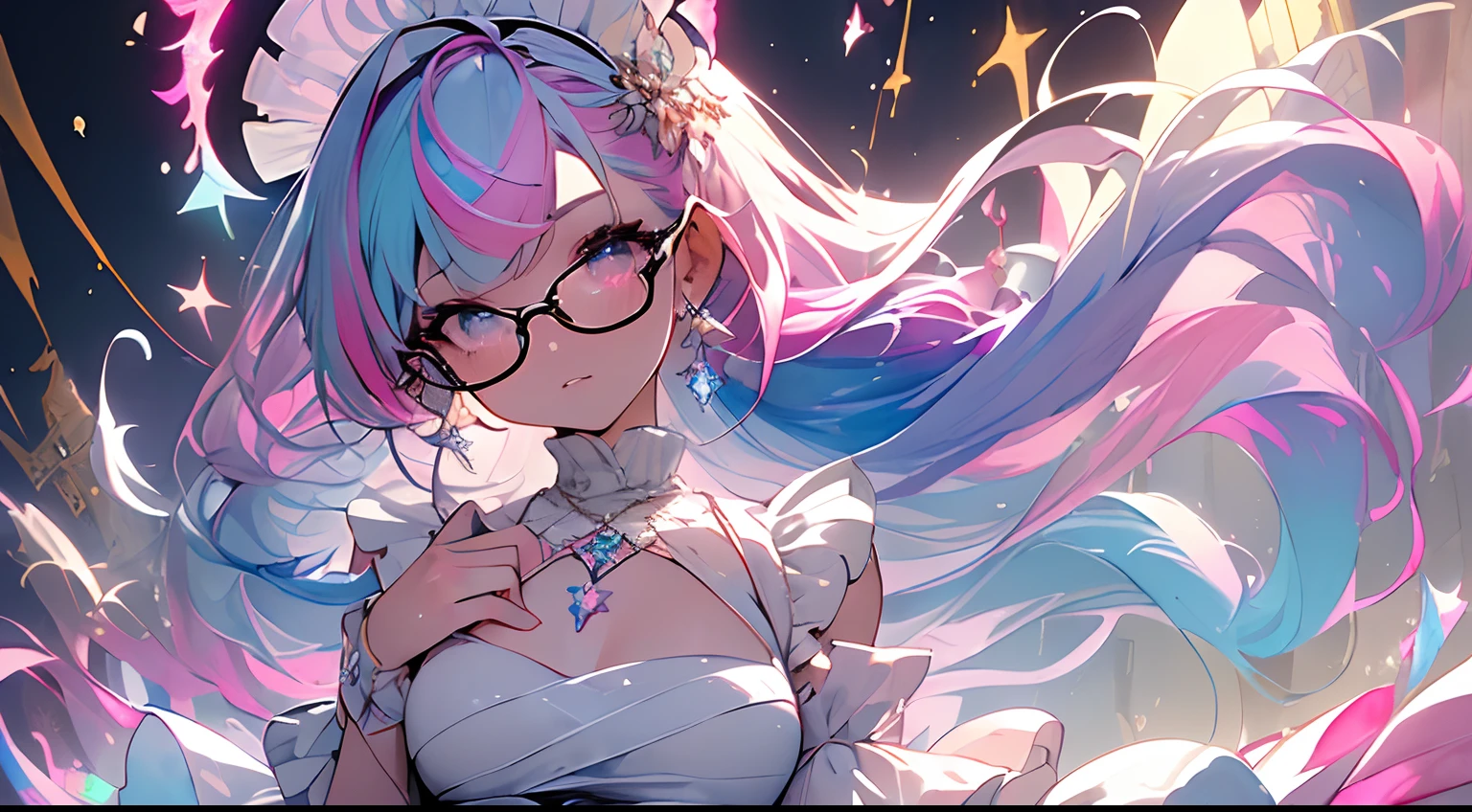 ((​masterpiece、top-quality、Watercolor art(Pendants)、Official art、Beautifully Aesthetic:1.2))、(1girl in:1.3)、(Fractal Art:1.3)、full body Esbian、((Glitter pupils))、patterns、((rainbow-colored hair、colourful hair、Half blue and half pink hair:1.2))、colourfull、(Silver-rimmed glasses)、Writing、heterochromia iridis、(colourfull:1.5)、(((maid clothes)))、((Shy face))、((maikurobikini))、(Standing)、(Hyper-detailing), ((delicate detail)), (intricate detailes), ((ciinematic light, best quality backlight)), highcontrast, ((The best lighting, extremely delicate and beautiful)), ((ciinematic light))、(ray trace reflection、brilliance)、((glowing aura))、((Radiant hair))、((The ultra-detailliert))、((8K))、((Western-style house))