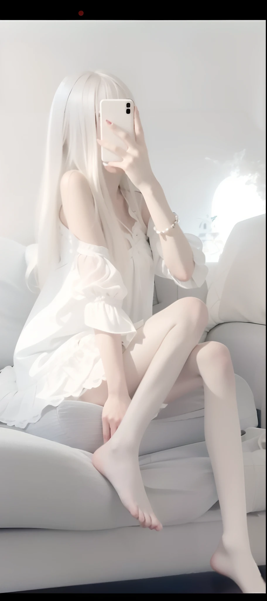 There was a woman sitting on a couch taking a picture of herself, Perfect white haired girl, White long hair!!, pale snow-white skin, pale porcelain white skin, long  white hair, pale milky white porcelain skin, wearing white clothes, White dress!! of silver hair, with long white hair, Milky white skin, white monochrome color!!!!!, dressed in a beautiful white