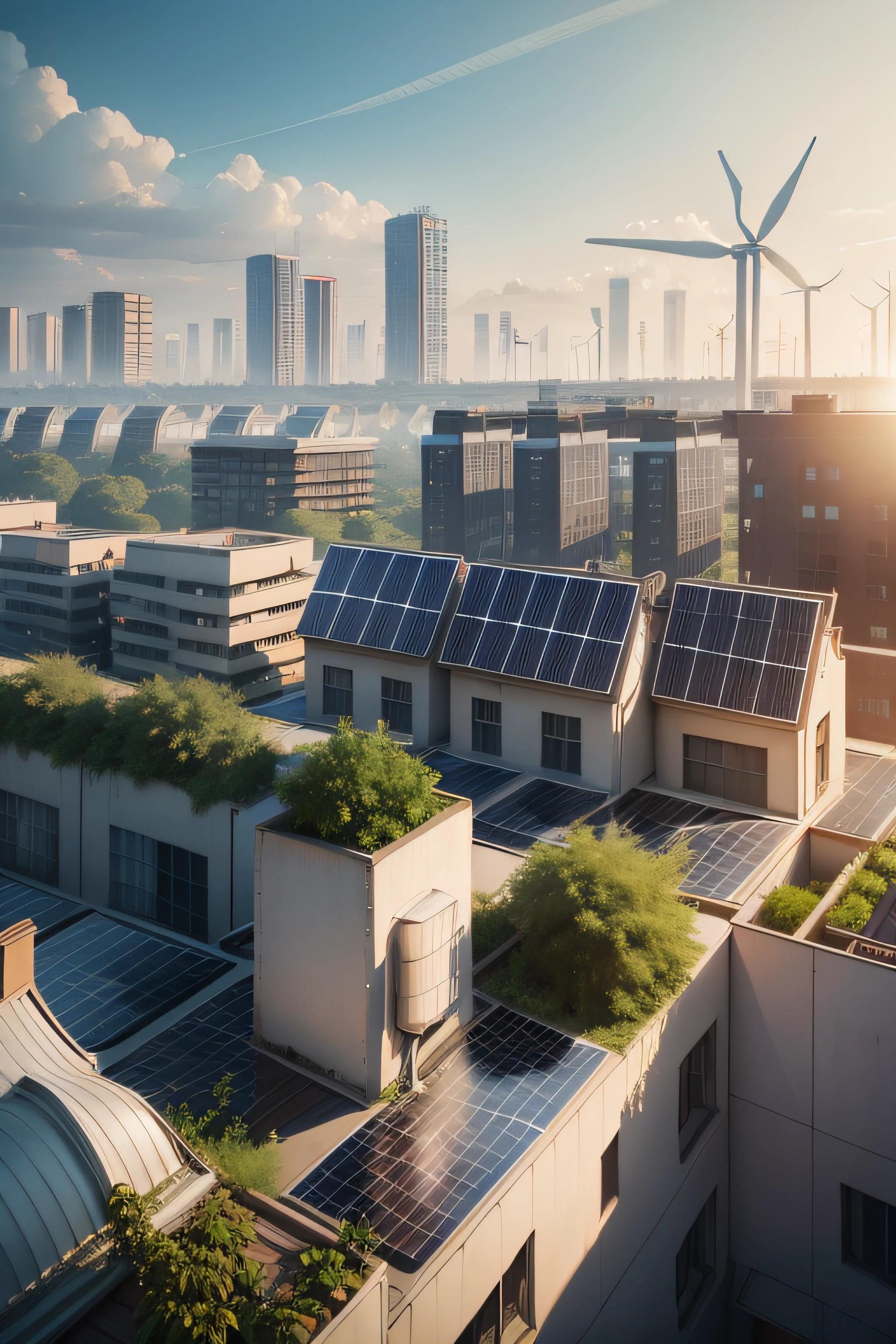 An urban skyline with rooftops adorned with solar panels, wind turbines, and greenery