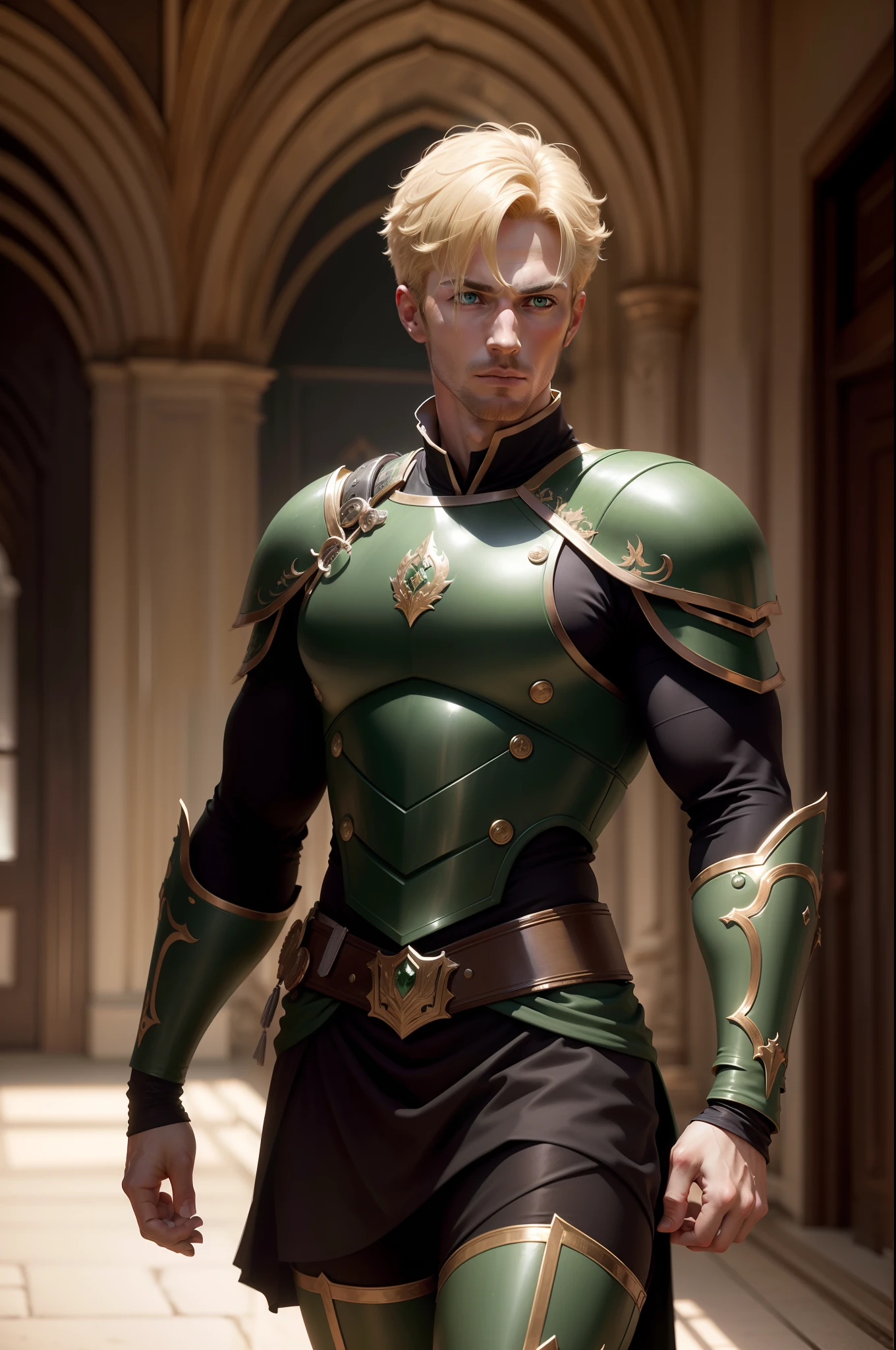 Ultra realistic 8k image of a blond man with short hair, 30 years old, strong, handsome, extremely detailed green eyes, dressed in black RPG warrior costume with dark green shoulder pads, looking to the side, running in a large hall of a royal palace, suspicious expression