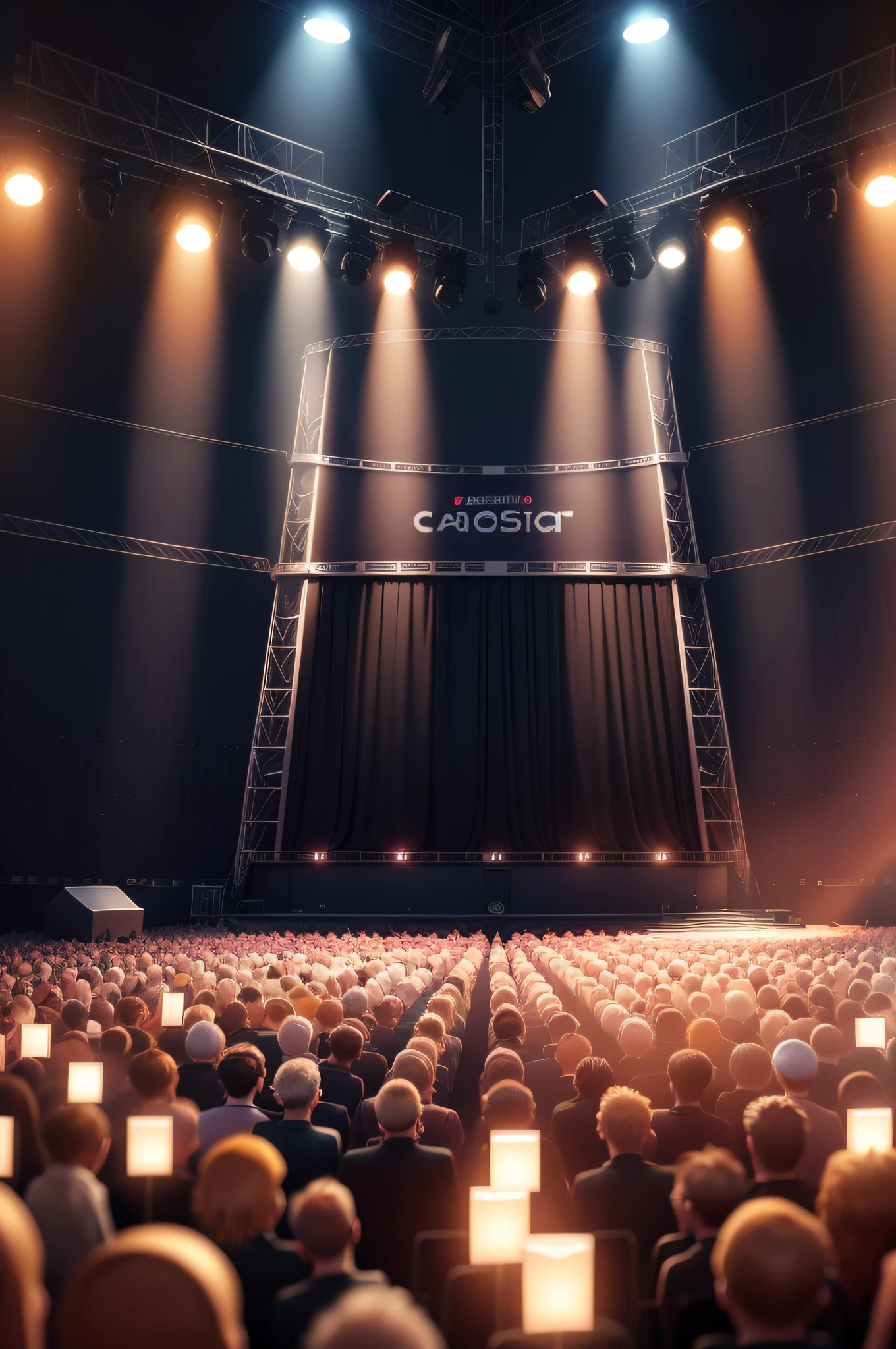 concert stage structure poster, with many focused lights, with speakers on the sides, front view, professional photo, created by artificial intelligence. High quality image, 3D Redenring, 8K.