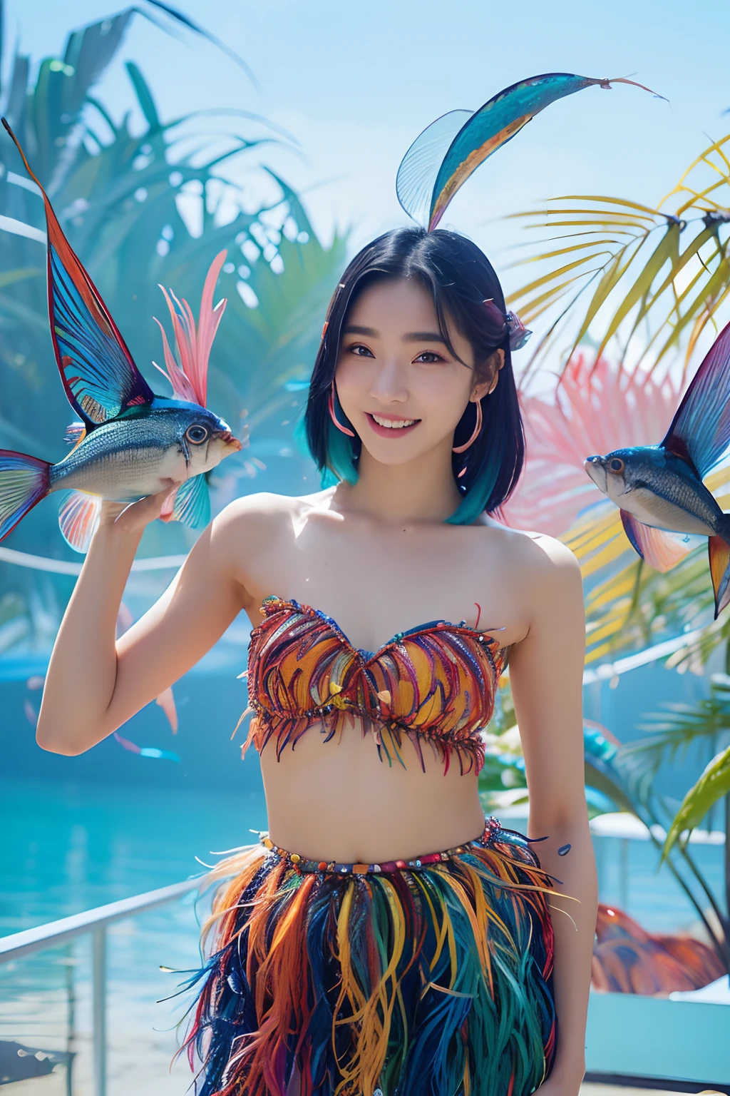 (extra detailed body、extra detailed face、best qualtiy:1.2)、femele、looking at the viewers、(Colorful hair dyed in iridescent colors、sixteen years old、a smile、Earrings on bird feathers up to the shoulders、See-through tops)、(Chaos with flying tropical fish in the background:1.4)high fashion