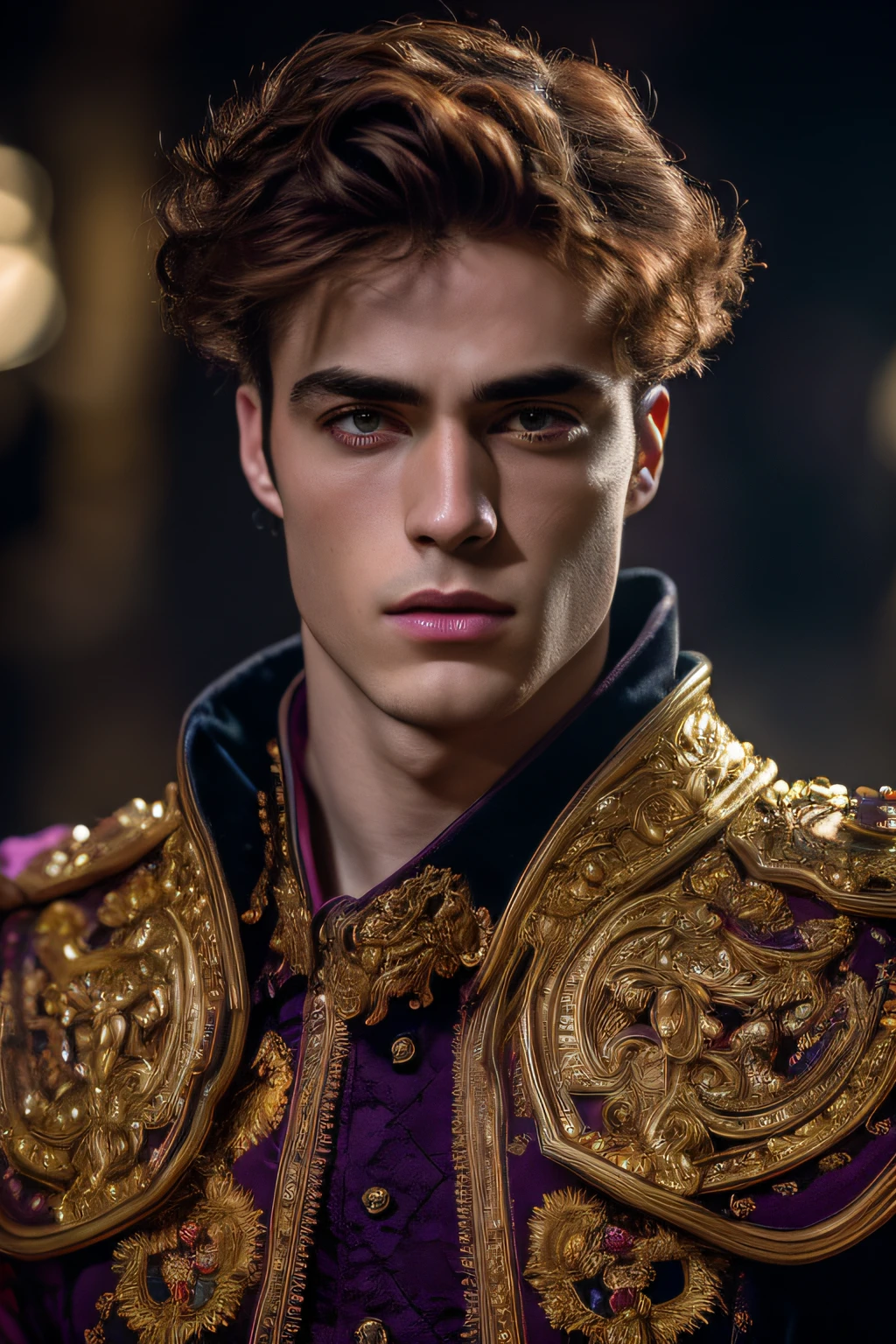 (male male model, purple violet eyes, attractive face, well-defined full body, skin In 4k, standing, light, cinematic lighting. photography, detailed symmetrical realistic face. camisa black and red and gold roman costume with ruby jewels extremely detailed , peach skin, auburn hair, masterpiece, absurdities, Nikon D850 Stock Photography, kodak portra 400 f1.6 lens camera, extremely detailed, amazing orgy, fine details, hyper realistic texture, dramatic lighting, high quality, resolution full, sharp focus, extremely detailed, cinematic lighting, 8k UHD.