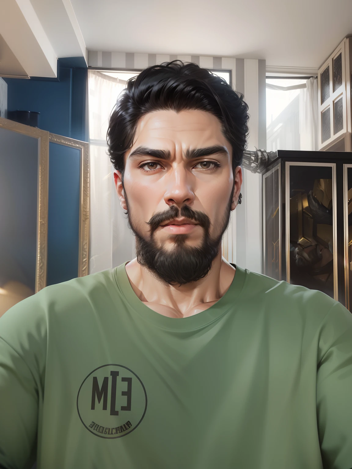 Best quality, masterpiece, ultra high res, photorealistic, long shot, (mascular, strong body builder) a man in black and gold armor, headpiece, facial hair, cinematic lighting, shadow, long black hair, biomechanical environment