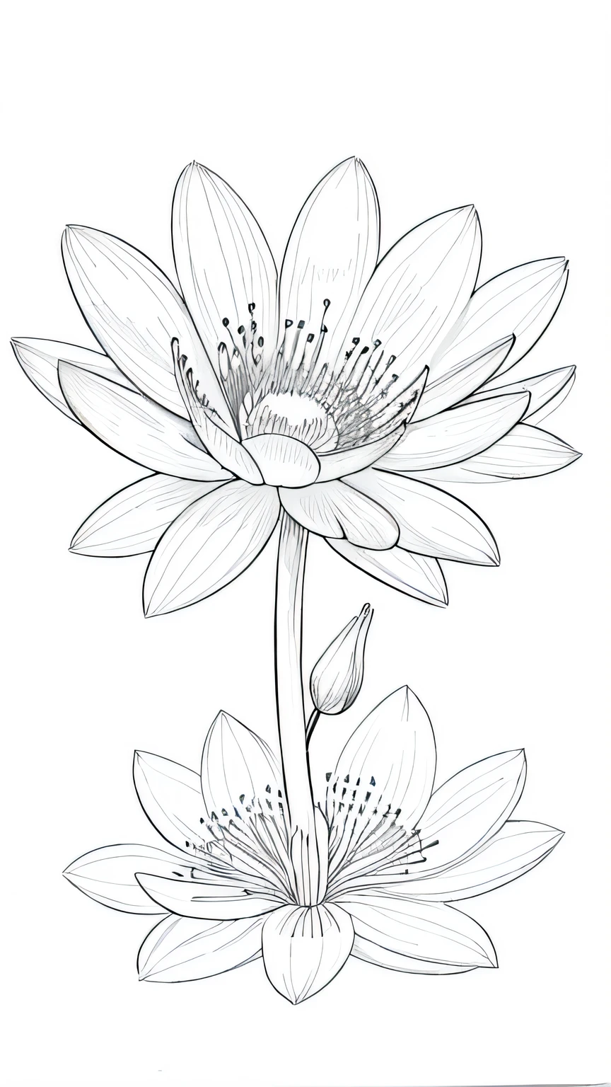 Blossoming Serenity flower, many flower,  line drawing background, white background, monochrome, line drawing, ((sketch))