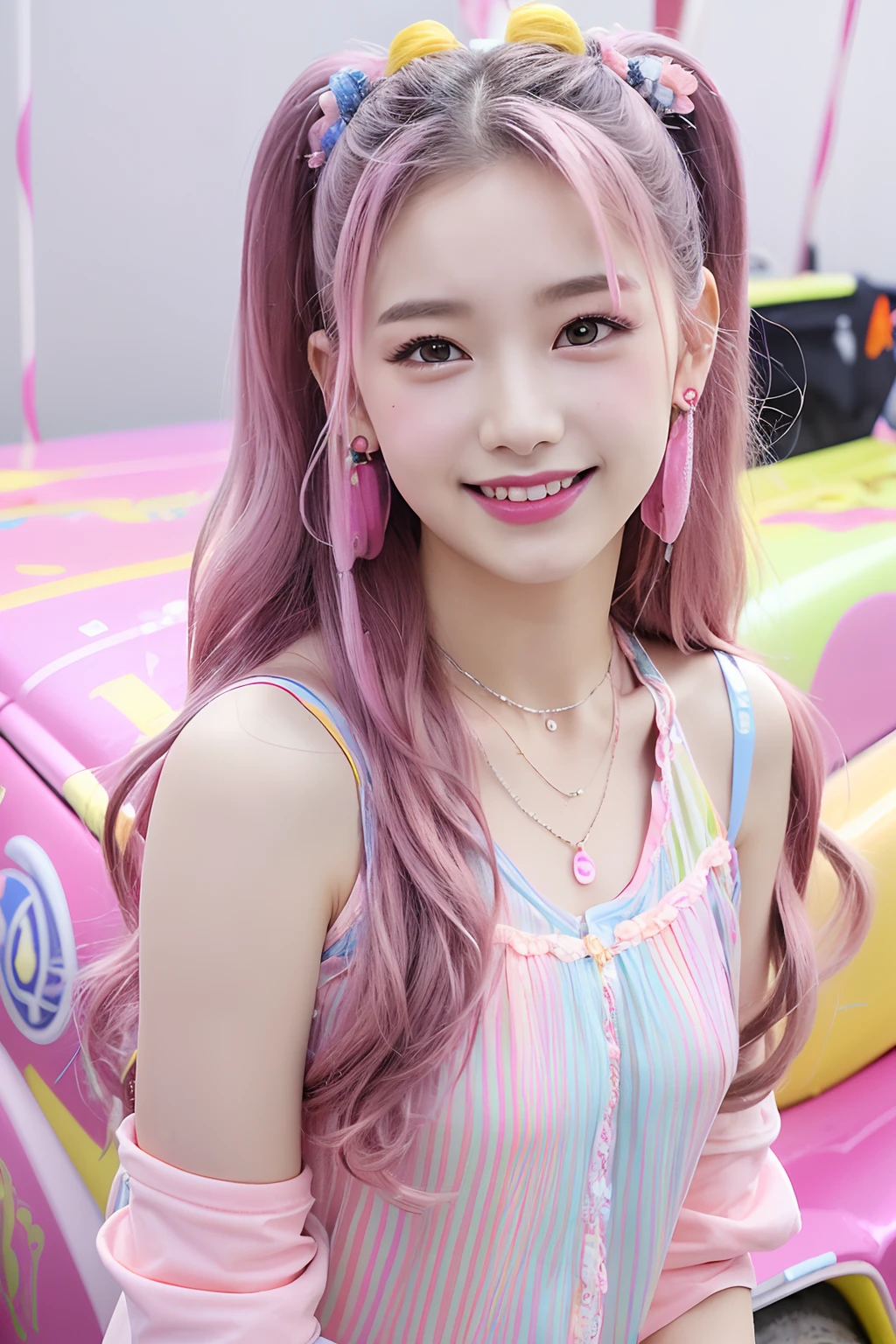 (extra detailed body、extra detailed face、best qualtiy:1.2)、femele、looking at the viewers、(Colorful hair color、sixteen years old、30 flowers on the hair ornament。Large shoulder-length piercings、a necklace、a smile、See-through clothes with blue and yellow and pink and vertical stripes)、(Flying pink candy car on background:1.4)