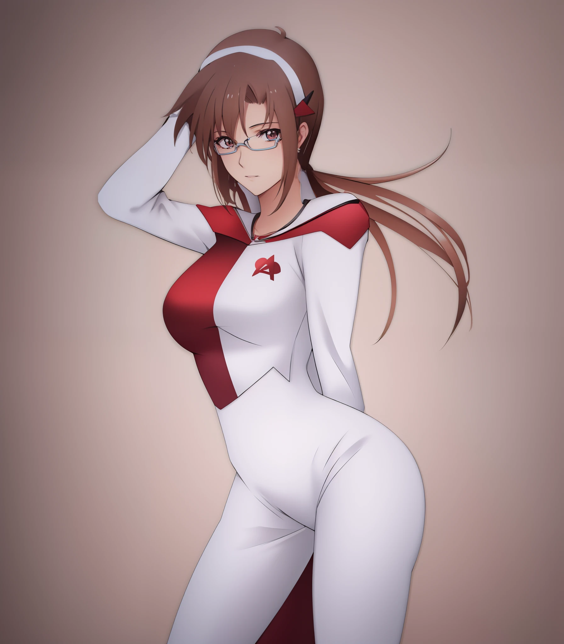Un dibujo de una mujer con un traje blanco posando, Descrito!!!, Esquemas de anime limpios, Lineart negro grueso, Lineart grueso, Lineart de bola, Lineart limpio, Lineart simple, Lineart perfecto, boceto de esquema, Line Art!!, sharp lineart, Arte lineal, Contorno grueso, Contornos, thick line art, Arte lineal simple, thin line art, Brown-haired, anteojos rojos, textura de tela del traje realista, ojos azules, estilo 3D render , parece una figura coleccionable de anime, bishoujo, mari makinami evangelion