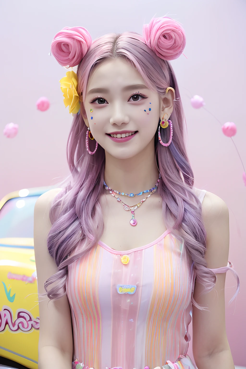 (extra detailed body、extra detailed face、best qualtiy:1.2)、femele、looking at the viewers、(Colorful hair color、、30 flowers on the hair ornament。Large shoulder-length piercings、a necklace、a smile、See-through clothes with blue and yellow and pink and vertical stripes)、(Flying pink candy car on background:1.4)