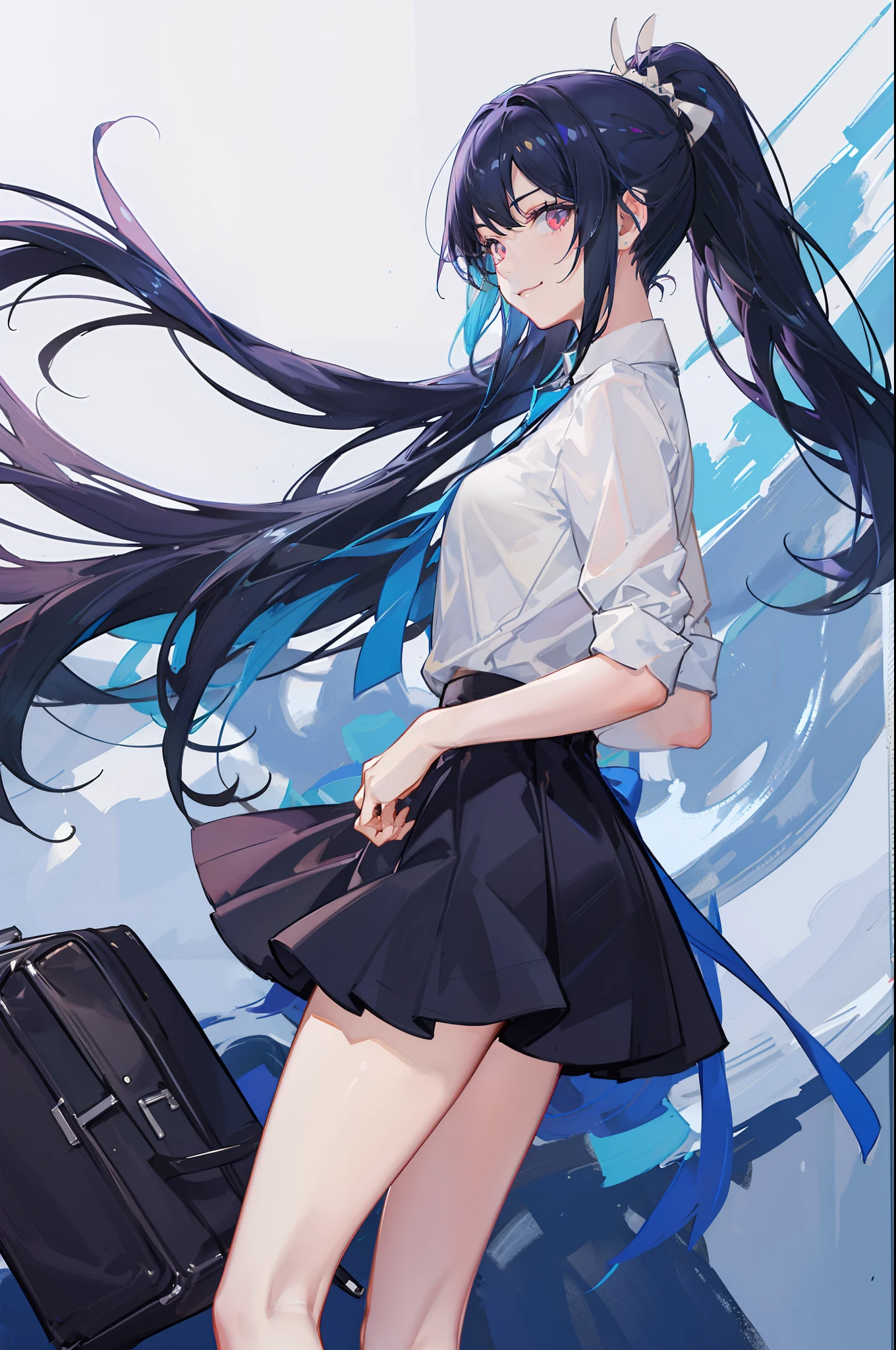masterpiece, highres, best quality, white t shirt, 1girl, solo, split colored(blue) (black) hair, smile, multicolored eyes, high quality artstyle, ultra detailed, white skirt, quality shadows, 8K, ponytail