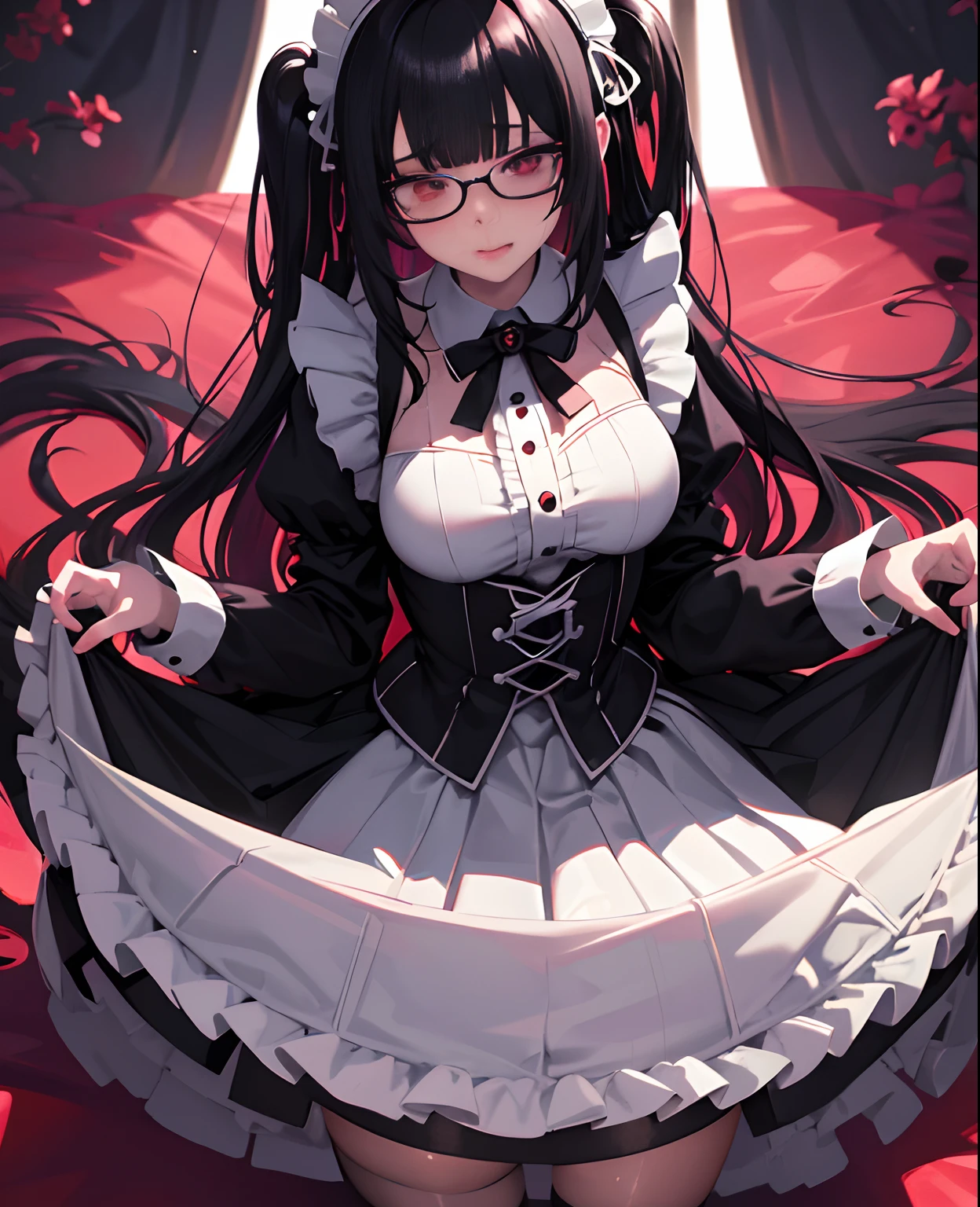 1girl in, [Twin-tailed], Shaded face, Maids, Crazy, skirt rift, pantiy, [self lift]、eye glasses、put on glasses、eye glass、Blunt bangs、Red brilliant eyes、Sexy、Nasty face、maid, over-kneehighs,Ahegao , Silly,Sexual ecstasy,Drunken eyes,Blunt bangs, Black hair,(masutepiece:1.2, Best Quality), (finely detailed beautiful eye: 1.2), (Detailed background,Dark Fantasy), (beautifull detailed face), High contrast, (Best Illumination, extremely delicate and beautiful), ((Cinematic Light)), Colorful, Hyper Detail, Dramatic light, Intricate details,