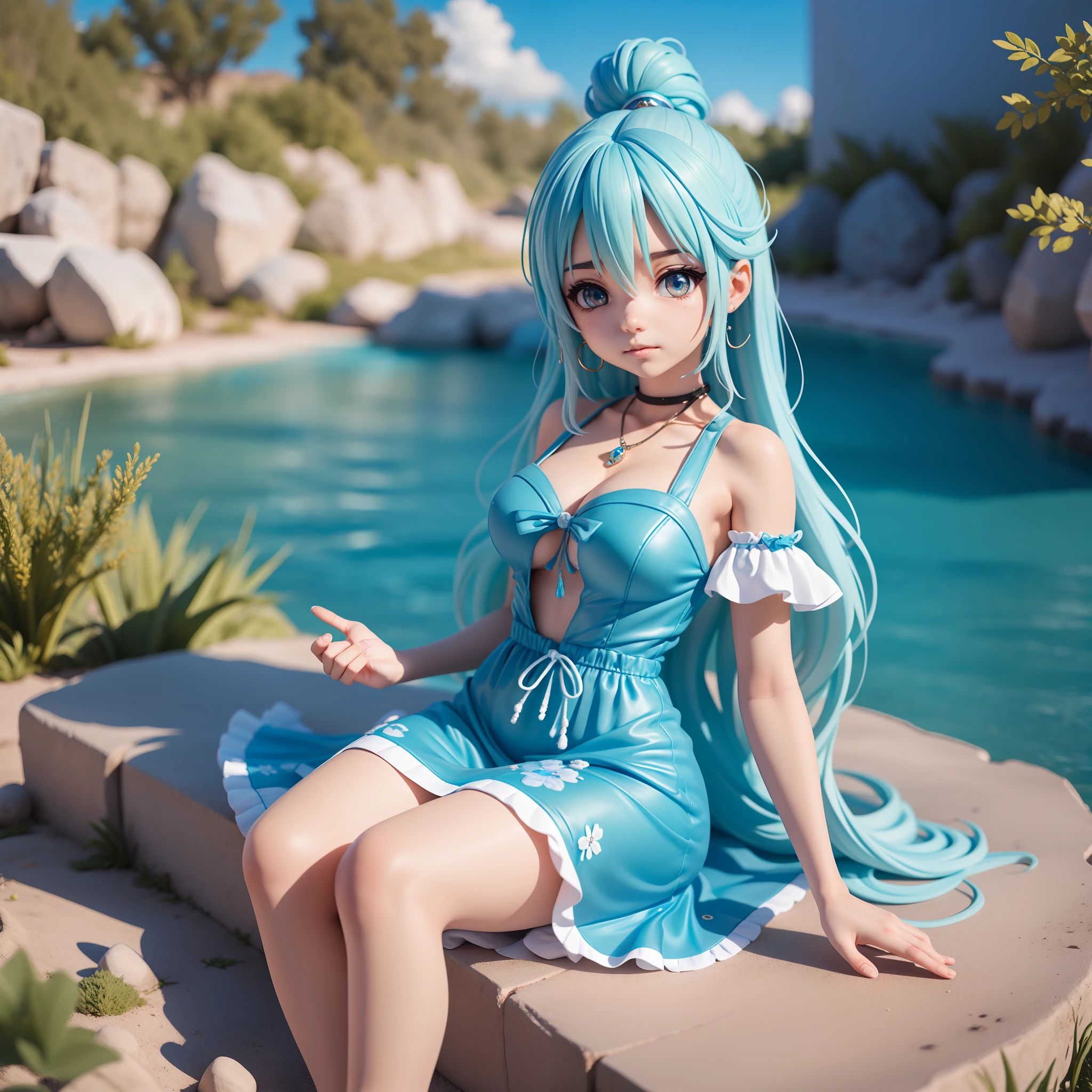Obra-prima, melhor qualidade, muitos detalhes, (corpo inteiro: 1.2), chibi, menina_aqua_konosuba, cabelo azul claro longo, magic long dress, frio alto, olhos azuis fechados, 3D-rendering, Q printing style