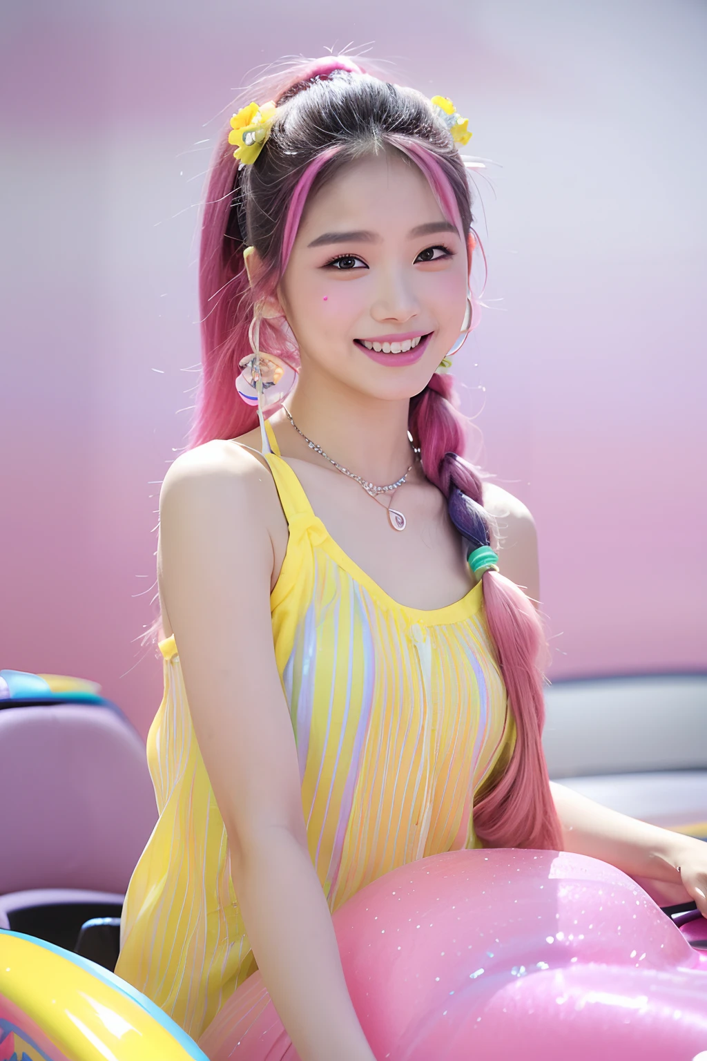 (extra detailed body、extra detailed face、best qualtiy:1.2)、femele、looking at the viewers、(Colorful hair color、sixteen years old、30 flowers on the hair ornament。Large shoulder-length piercings、a necklace、a smile、See-through clothes with blue and yellow and pink and vertical stripes)、(Flying pink candy car on background:1.4)
