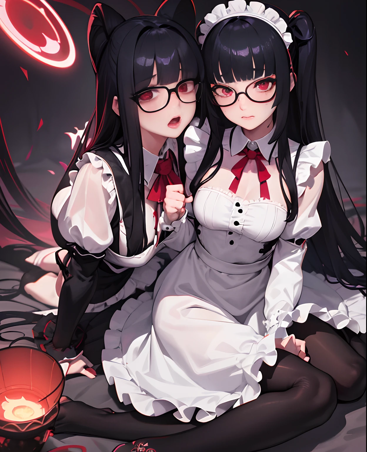 1girl in, [Twin-tailed], Shaded face, Maids, Crazy, skirt rift, pantiy, [self lift]、eye glasses、put on glasses、eye glass、Blunt bangs、Red brilliant eyes、Sexy、Nasty face、maid, over-kneehighs,Ahegao , Silly,Sexual ecstasy,Drunken eyes,Blunt bangs, Black hair,(masutepiece:1.2, Best Quality), (finely detailed beautiful eye: 1.2), (Detailed background,Dark Fantasy), (beautifull detailed face), High contrast, (Best Illumination, extremely delicate and beautiful), ((Cinematic Light)), Colorful, Hyper Detail, Dramatic light, Intricate details,