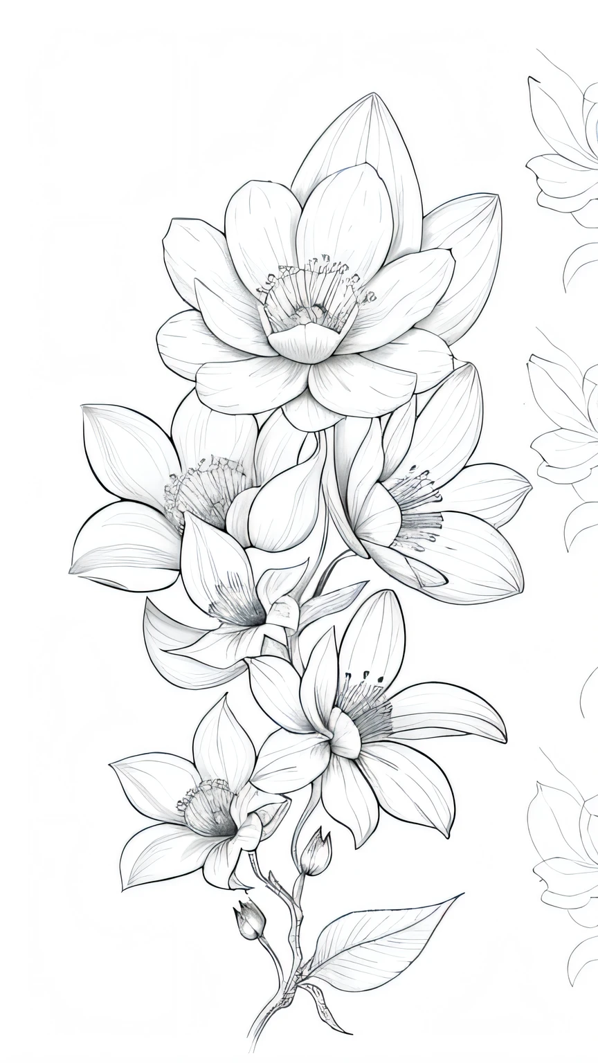Blossoming Serenity flower, many flower, line drawing background, white background, monochrome, line drawing, ((sketch))