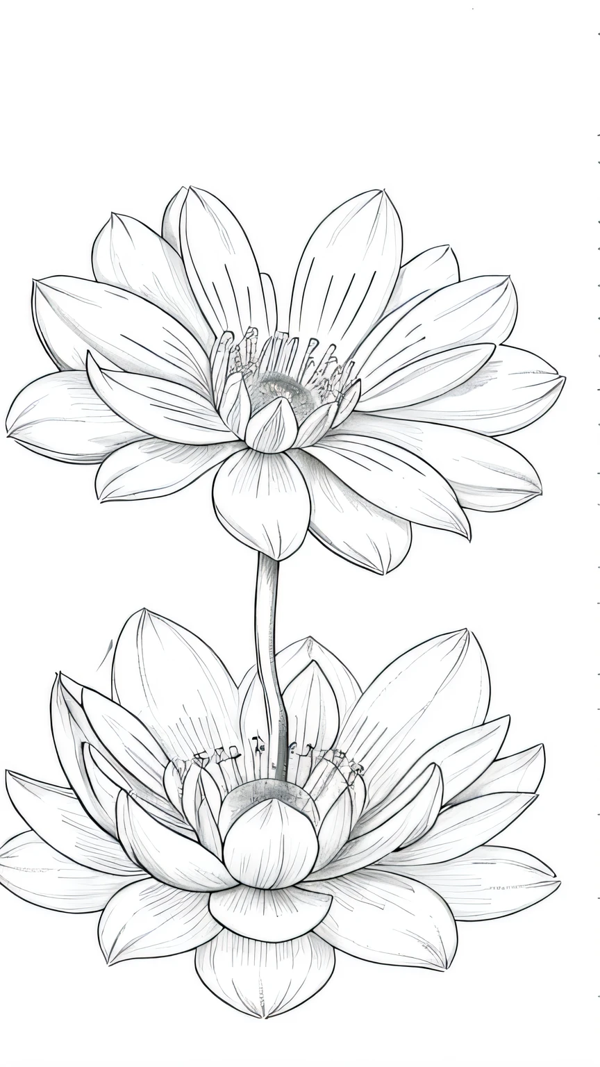 Blossoming Serenity flower, many flower, line drawing background, white background, monochrome, line drawing, ((sketch))