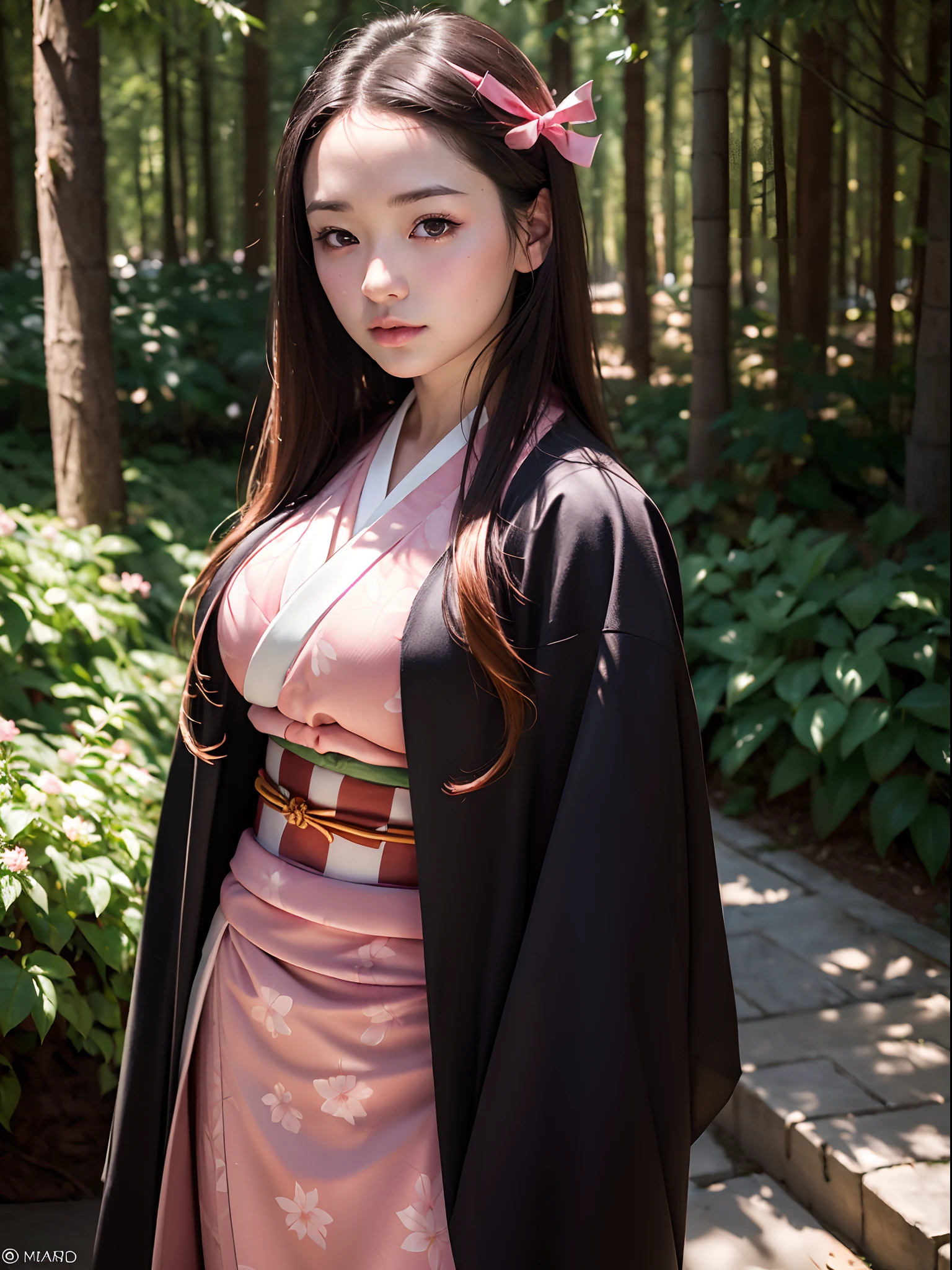 (masterpiece, best quality:1.4), (full body:1.5), (standing:1.5), 1girl, solo, (european youth:1), , kamado nezuko, 1girl, bamboo, bit gag, brown hair, (checkered sash:1), gag, gagged, gradient hair, hair ribbon, (pink haori), japanese clothes, (black kimono:1.2), long hair, looking at viewer, multicolored hair, orange hair, (pink eyes:1.2), pink kimono, pink ribbon, ribbon, solo, beautiful face, highly detailed face, highly detailed skin, highly detailed eyes, skin pores, subsurface scattering, realistic pupils, medium breast, full face blush, full lips, detailed background, depth of field, volumetric lighting, sharp focus, absurdres, realistic proportions, good anatomy, (realistic, hyperrealistic:1.4), 16k hdr,