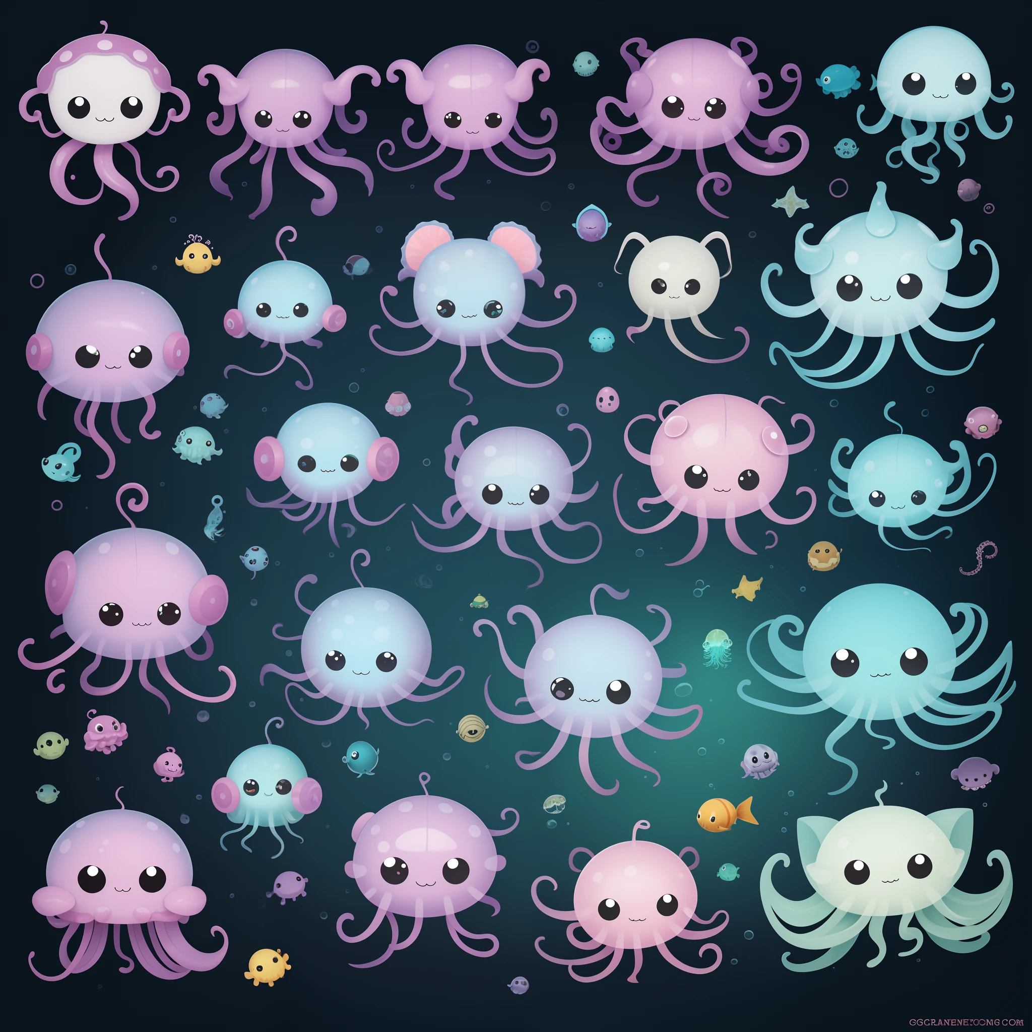 A group of cute sea creatures with different expressions, adorable creature, cute coronavirus creatures!, cute coronavirus creatures, cute monster, Cute characters, tentacled creature mix, cute colorful adorable, Cute creatures full of creepy creatures, cute monster character design, Marine life, jellyfish elements, Pink jellyfish are everywhere, adorable digital art, candypunk character design，sideface，Non-frontal photos，Strange expressions