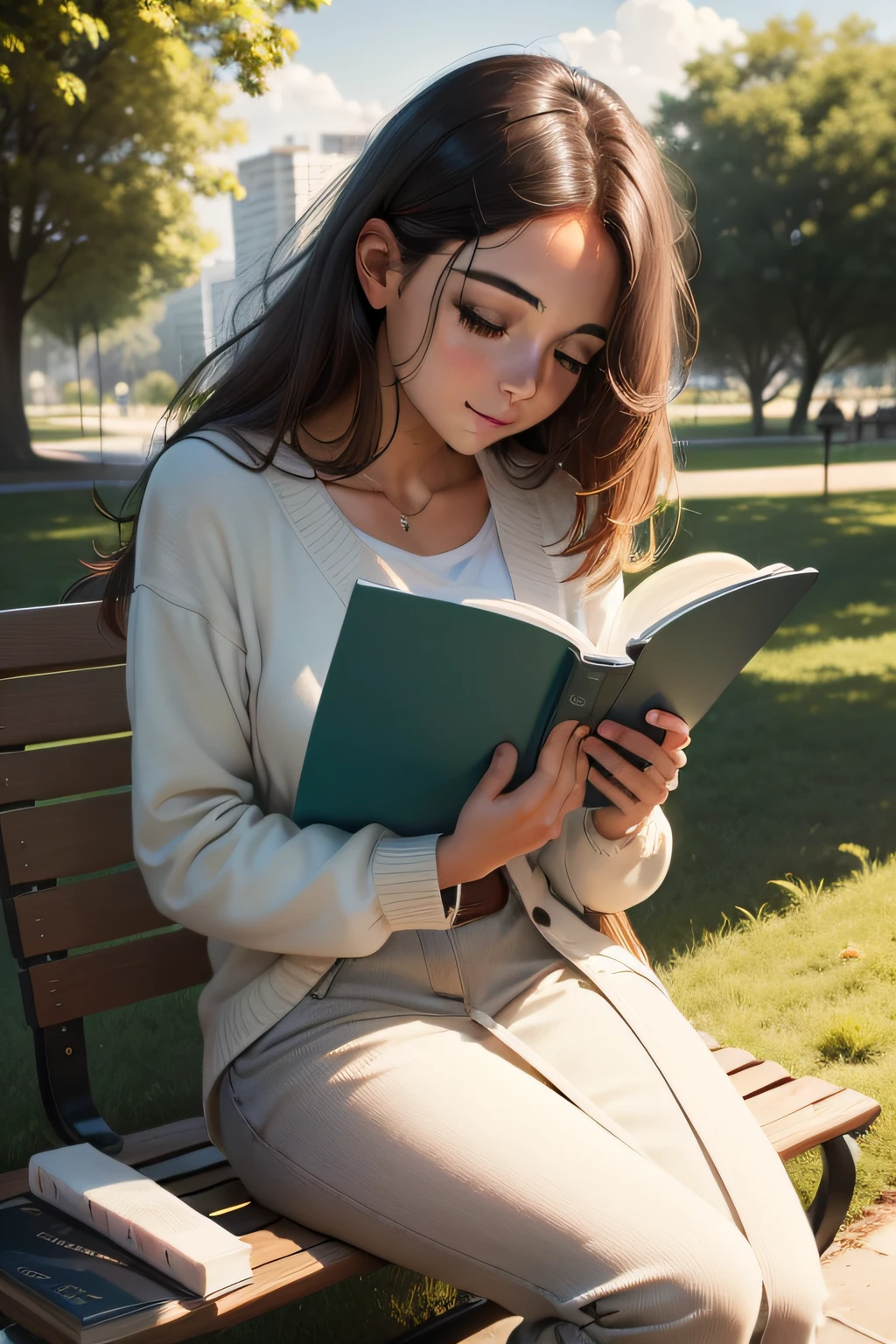 Create an A4 size cover for anxiety and depression e-book. Mulher 18 anos, cabelos longos, morena, reading a book and feeling happy leaning against a tree in a park. Azum sky in the background