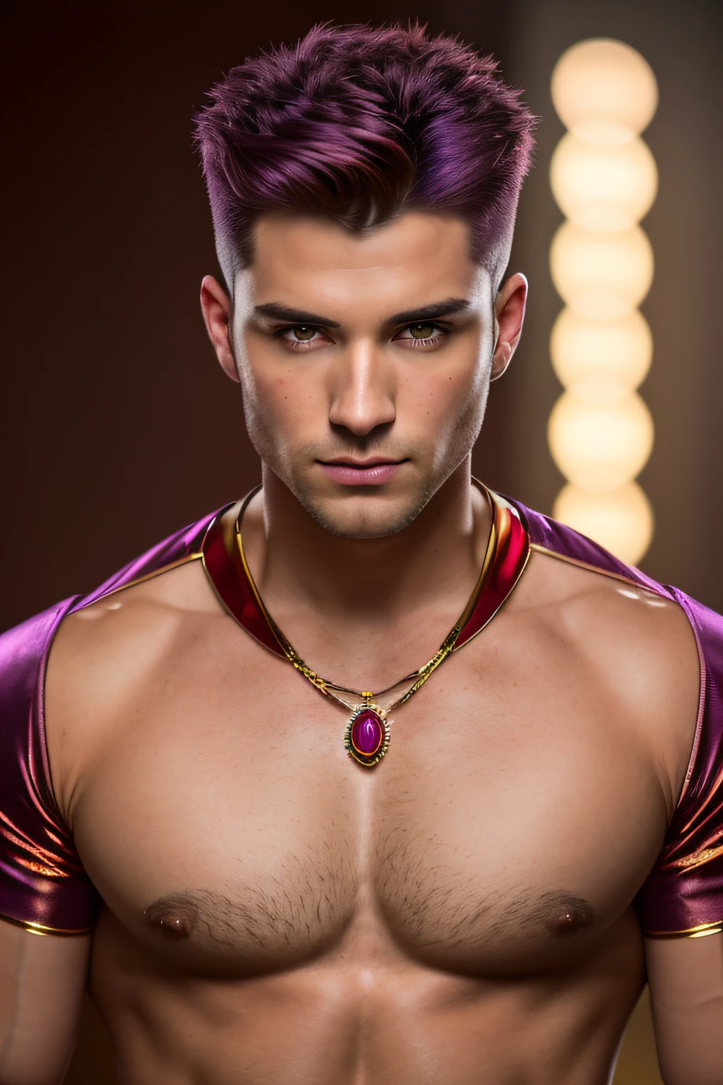 (male male model, purple violet purple eyes, red shaved face red attractive, full body well defined, skin in 4k, stand up, Light, Cinematic lighting. photography, detailed symmetrical realistic face. shirt and red and gold costume extremely detailed ruby bejeweled roman, peach skin, Auburn Hair, master piece, absurdities, Nikon D850 Stock Photography, Kodak Portra 400 F1.6 Lens camera, extremely detailed, amazing orgy, fine details, hyper realistic texture, lighting Dramatic, High Quality, Full Resolution, Sharp Focus, Extremely Detailed, Cinematic Lighting, 8k UHD.