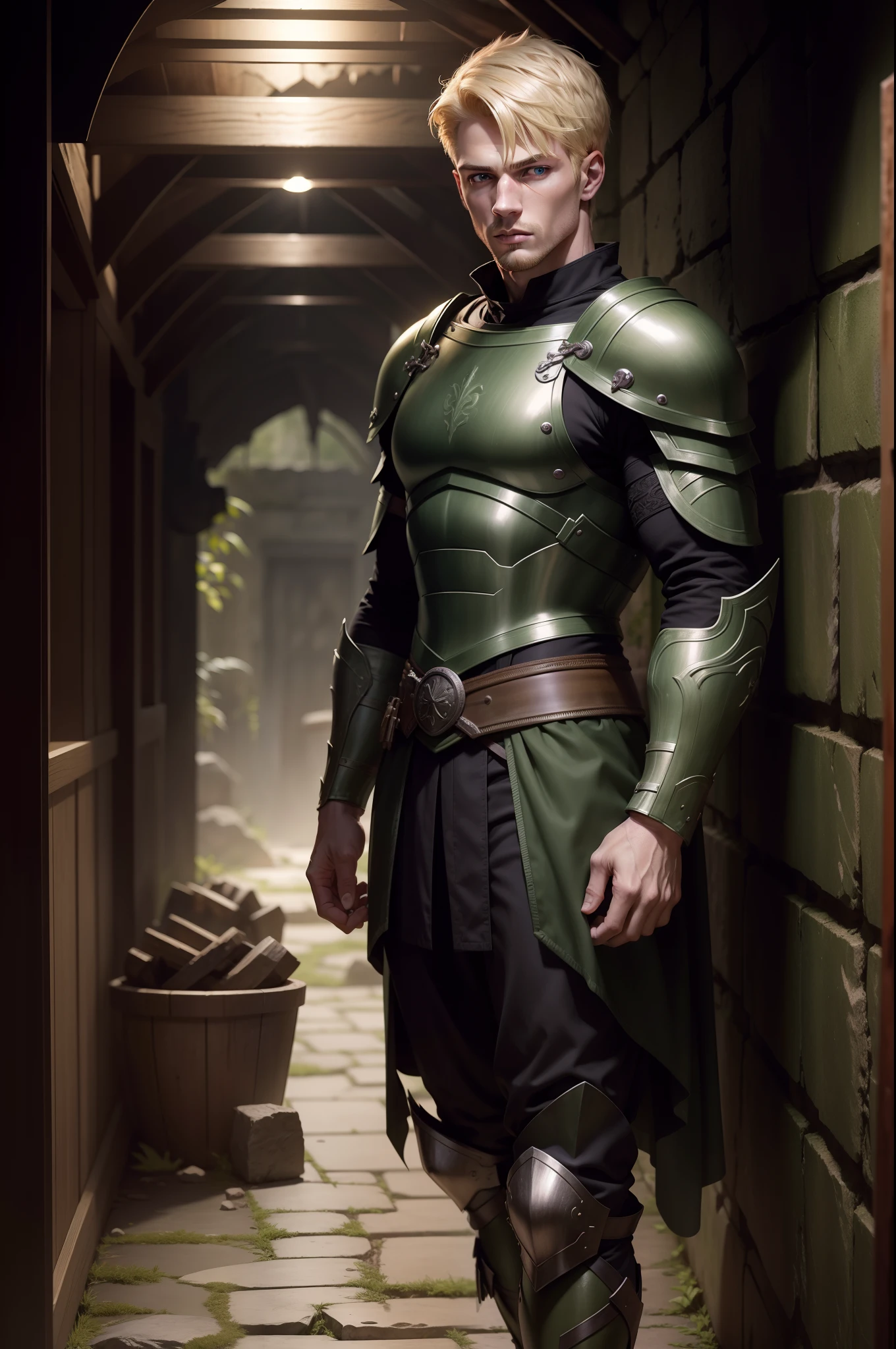 Ultra realistic 8k image of blond man with short hair, 30s, strong, handsome, extremely detailed green eyes, dressed in black RPG warrior costume with dark green shoulder pads, standing in a rustic dungeon-like hall