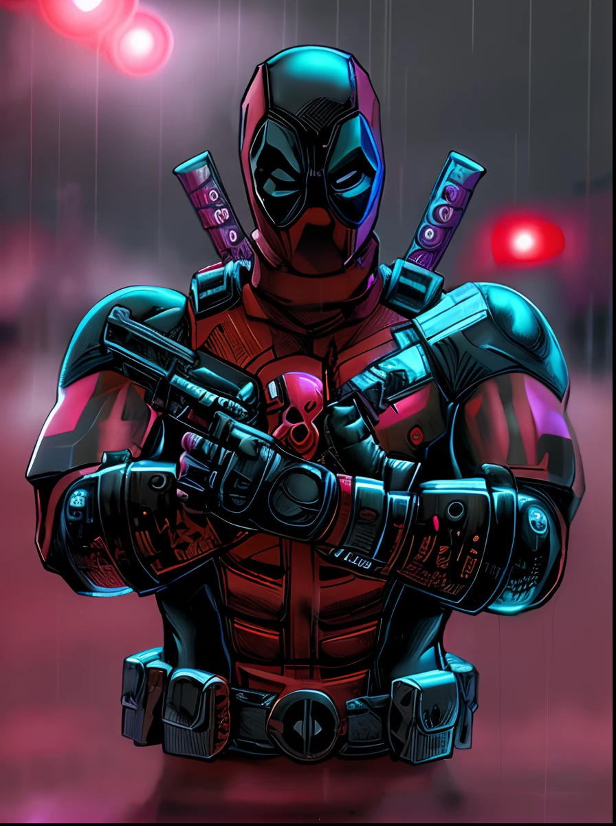 ((gorepunk)),(cyborg deadpool:1.2) in the rain, (skull face mask:1.2), muscular, dark rainy night, dark cityscape ((masterpiece)), (best quality), HDR, detailed background, jim lee