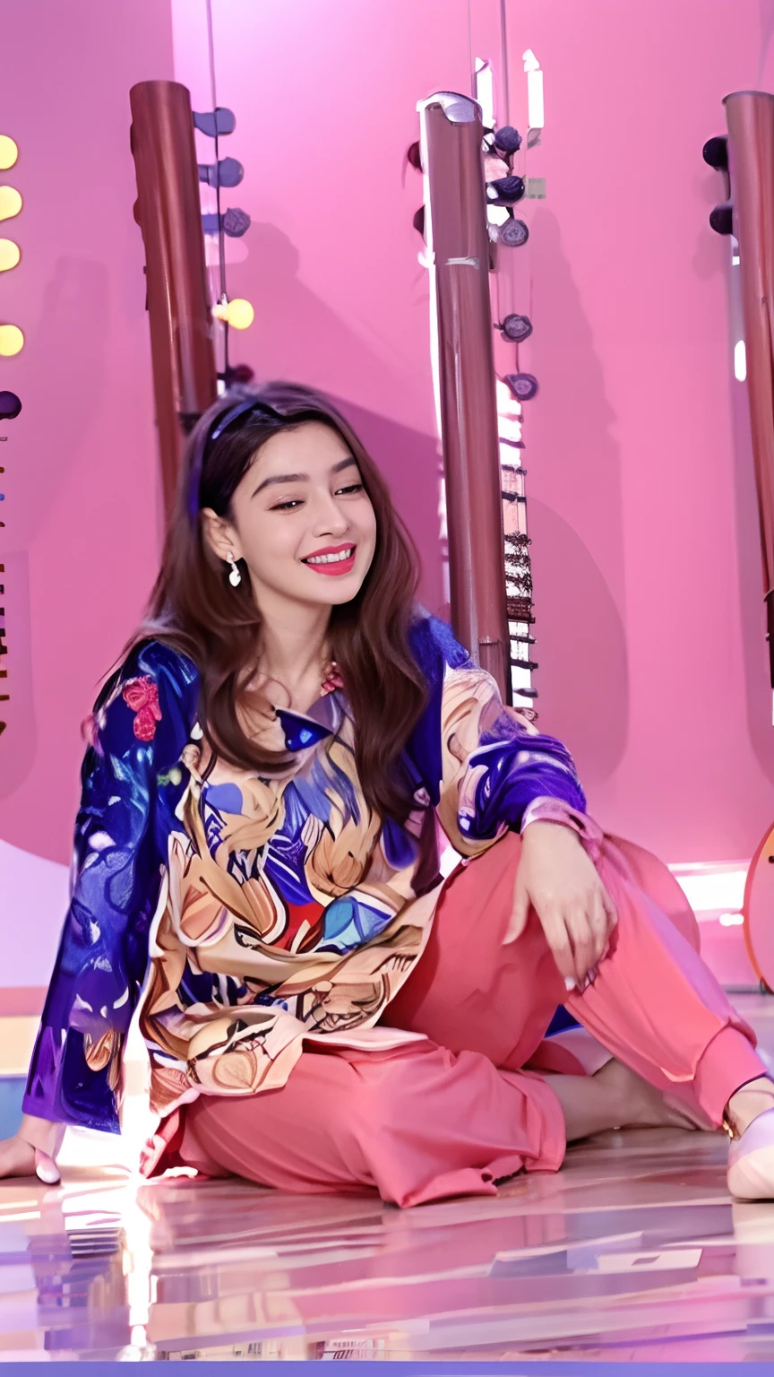 a woman sitting on the floor with a guitar and a guitar, youtube video screenshot, mahira khan as a d&d wizard, wearing a kurta, she expressing joy, actress, kyza saleem, mutahar laughing, wearing a silk kurta, new song, cute woman, video, exclusive, facebook post, leaked image, candid picture, anime style , digital art ,masterpiece, great colors, highly saturated colors,