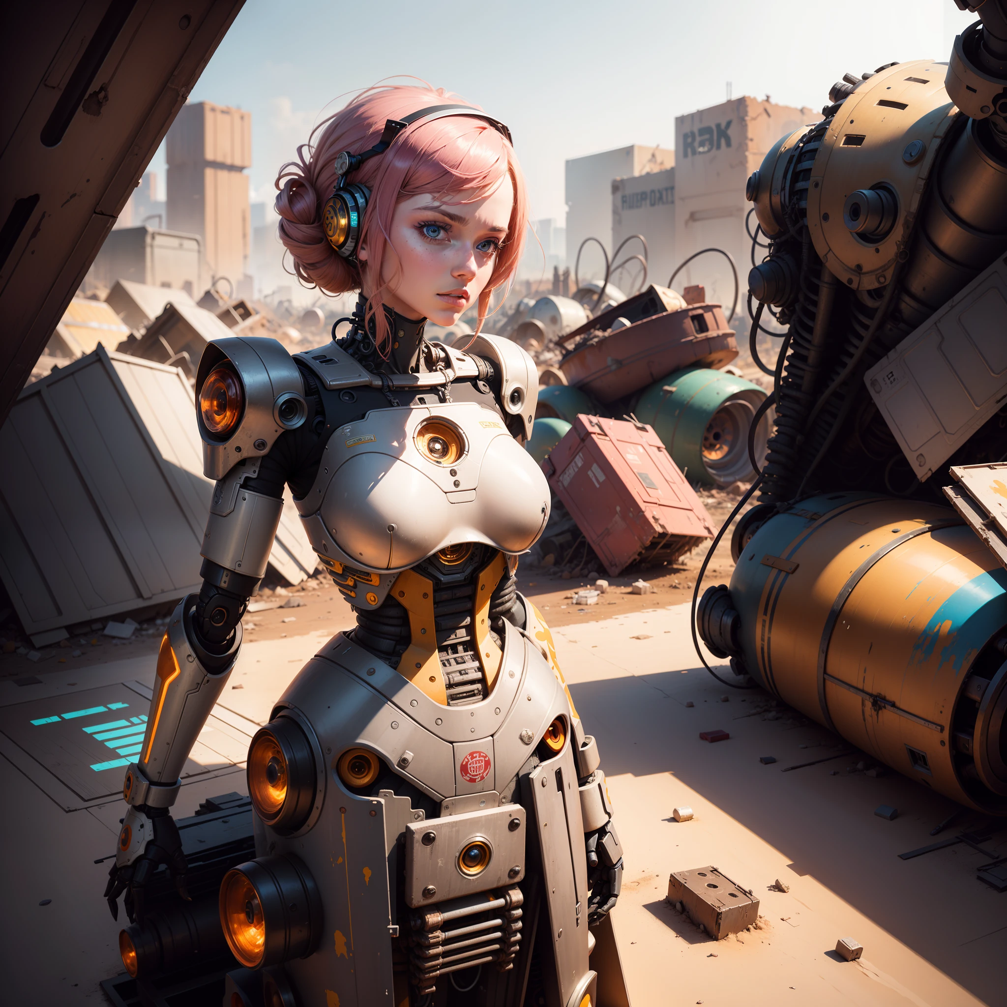 a painting of female robot buried to the waist in a robotic junk yard, colorful patterns, realistic fantasy, extremely detailed and beautiful , 8 k resolution,