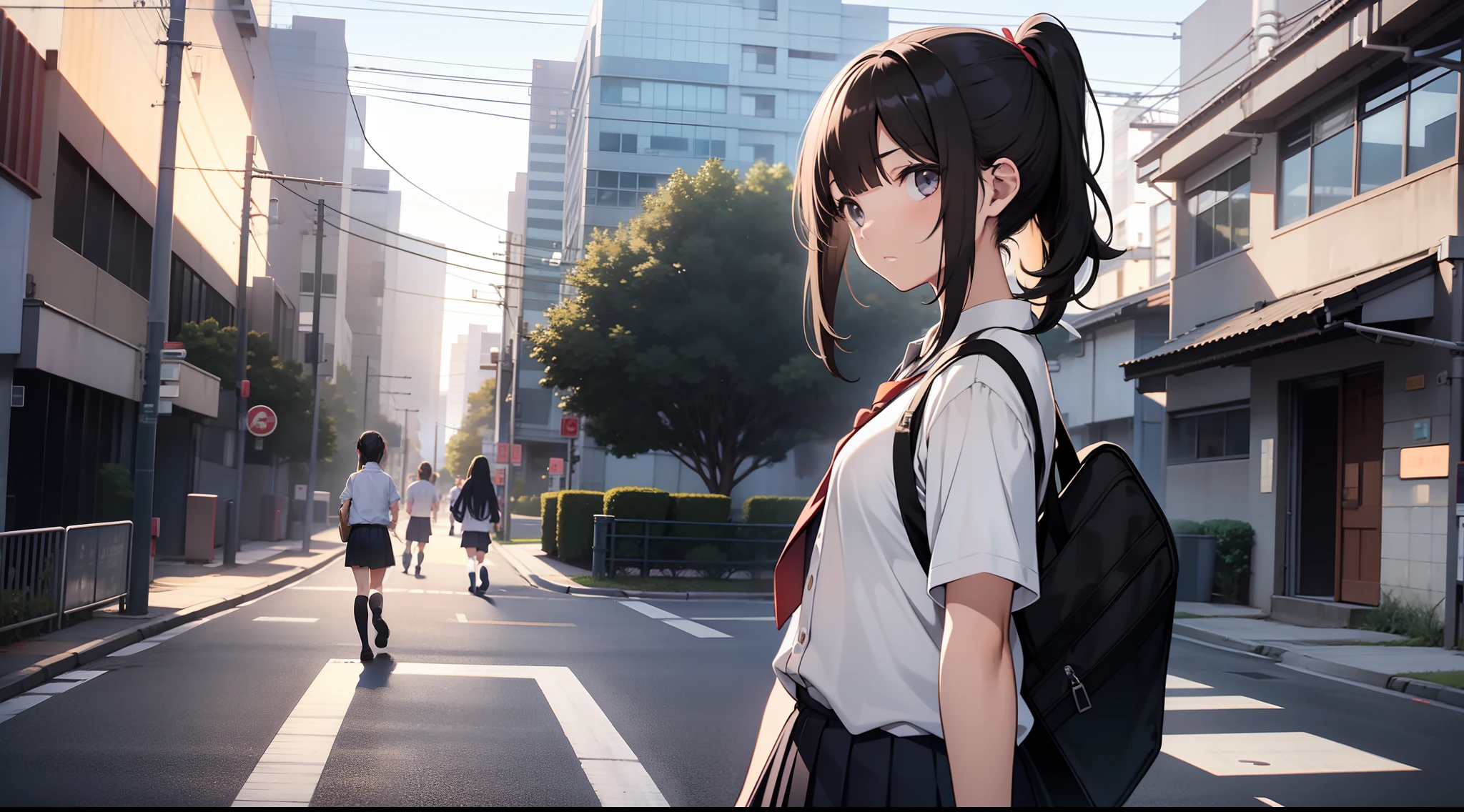 1girl, black long ponytail, school uniform, white shirt, school girl, short socks, thin eyes, gentle, innocent, flat chest, small boobs, small chest, thin, short height, from back, walking down the street