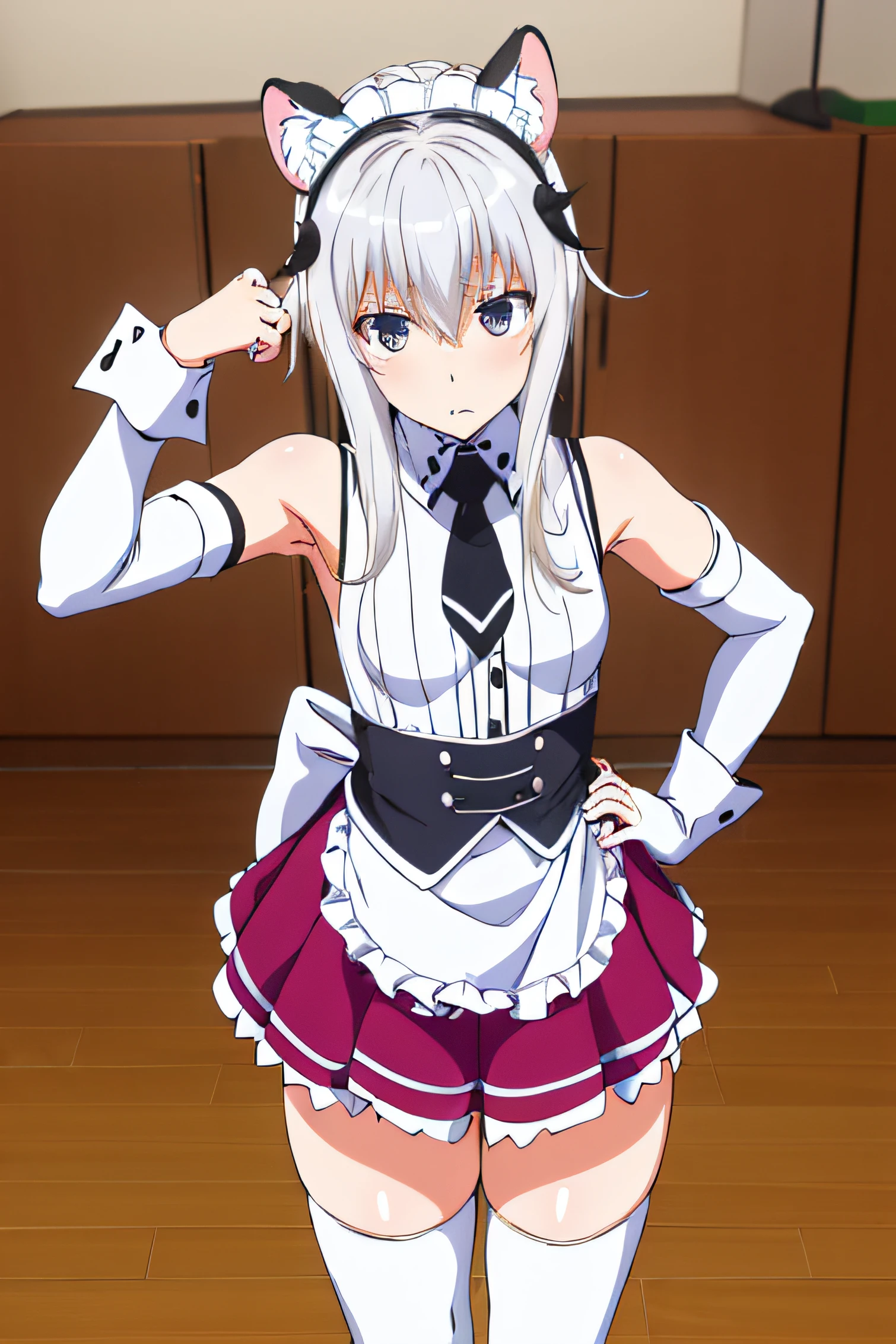 masterpiece, best quality, highres, Toujo koneko, cabelo branco, orelha de gato branco, solo, fake animal ears, white thighhighs, maid headdress, detached sleeves, black skirt, white apron, sleeveless shirt, white shirt, black necktie, frilled apron, hand on hip,