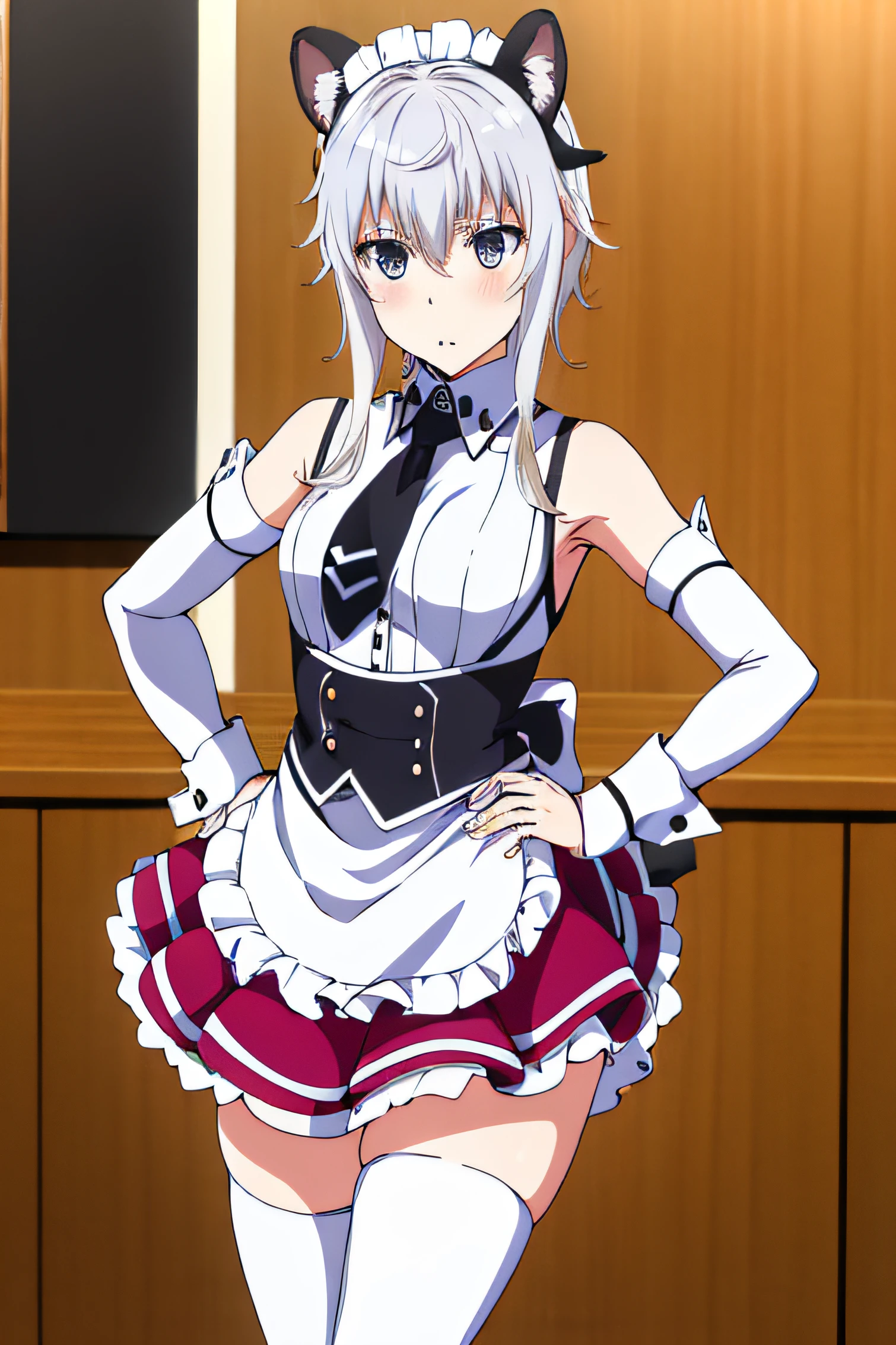 masterpiece, best quality, highres, Toujo koneko, cabelo branco, orelha de gato branco, solo, fake animal ears, white thighhighs, maid headdress, detached sleeves, black skirt, white apron, sleeveless shirt, white shirt, black necktie, frilled apron, hand on hip,