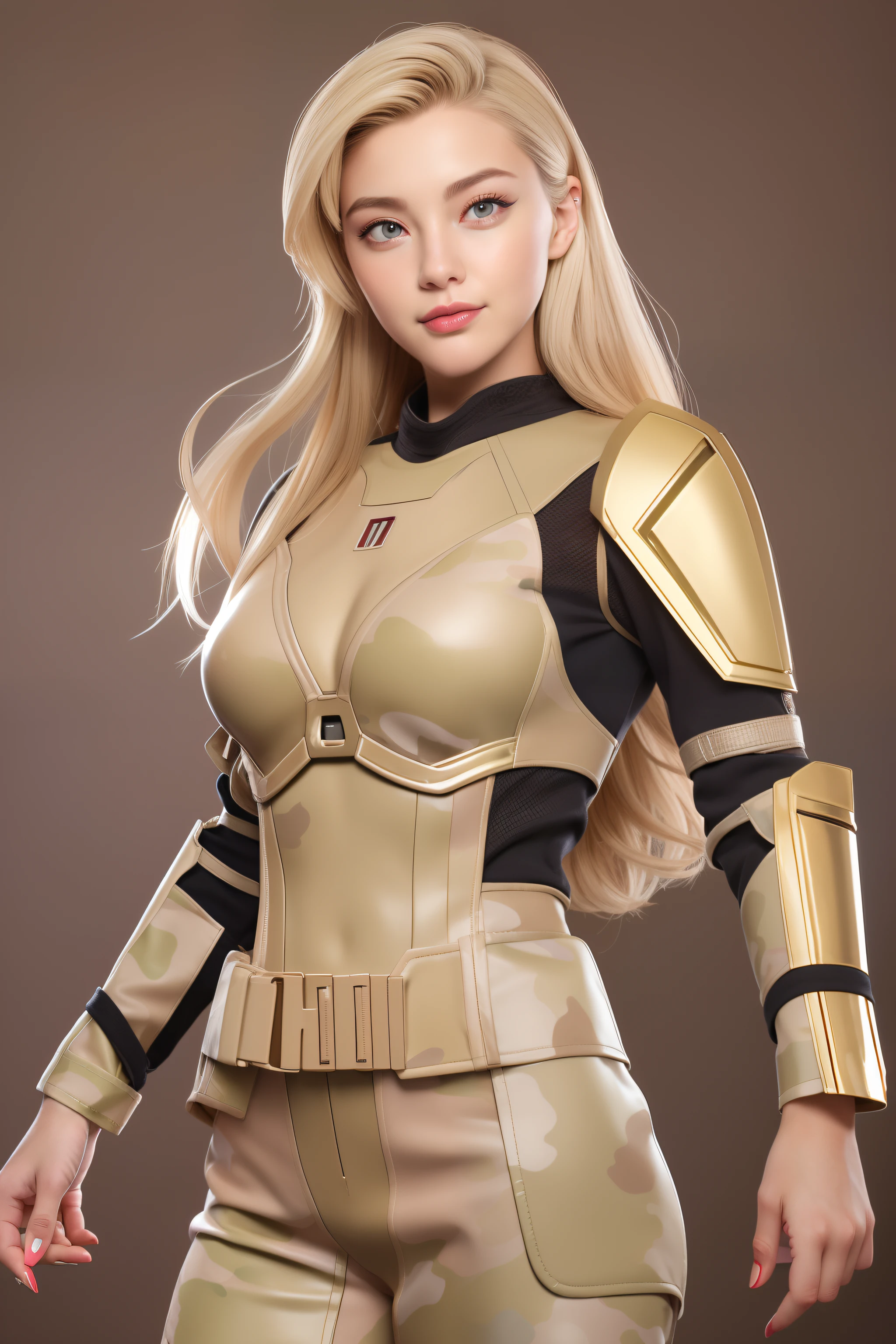 Beautiful Face Woman、a blond、Beige camouflage pattern background、 Beautuful Women、18year old、prety woman、hyper realistic photography、High-definition photos、red lipsticks、Mandalorian style miniskirt suit in metal armor、The skin is not very exposed、Do not cut your head off the screen、Red camouflage skirt、Facing the front、