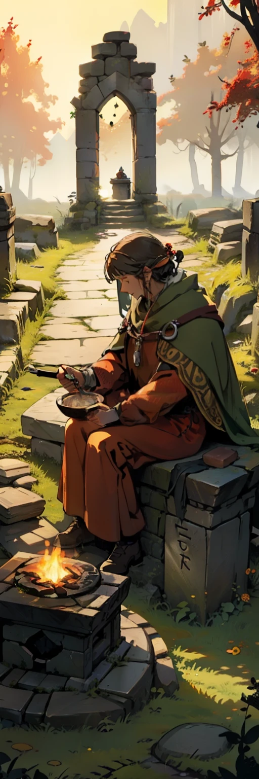 A druid making a fire offering on a stone altar with inscriptions on runes, in a bucolic setting, which exudes the autumnal tones of Wales, Medieval fantasy illustration